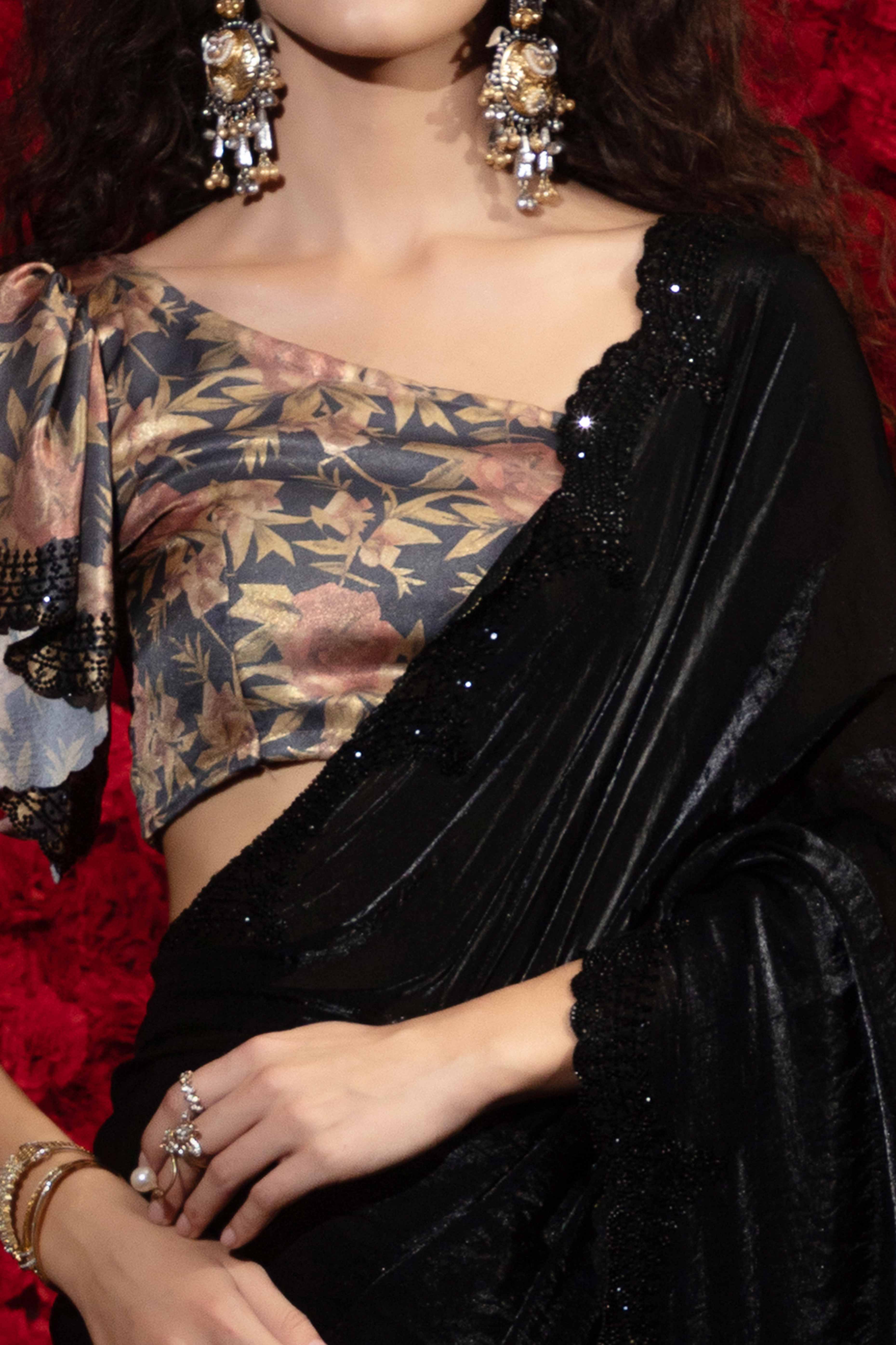 Crushed Satin Silk Embellished Saree in Black with Sparkling Stone Work