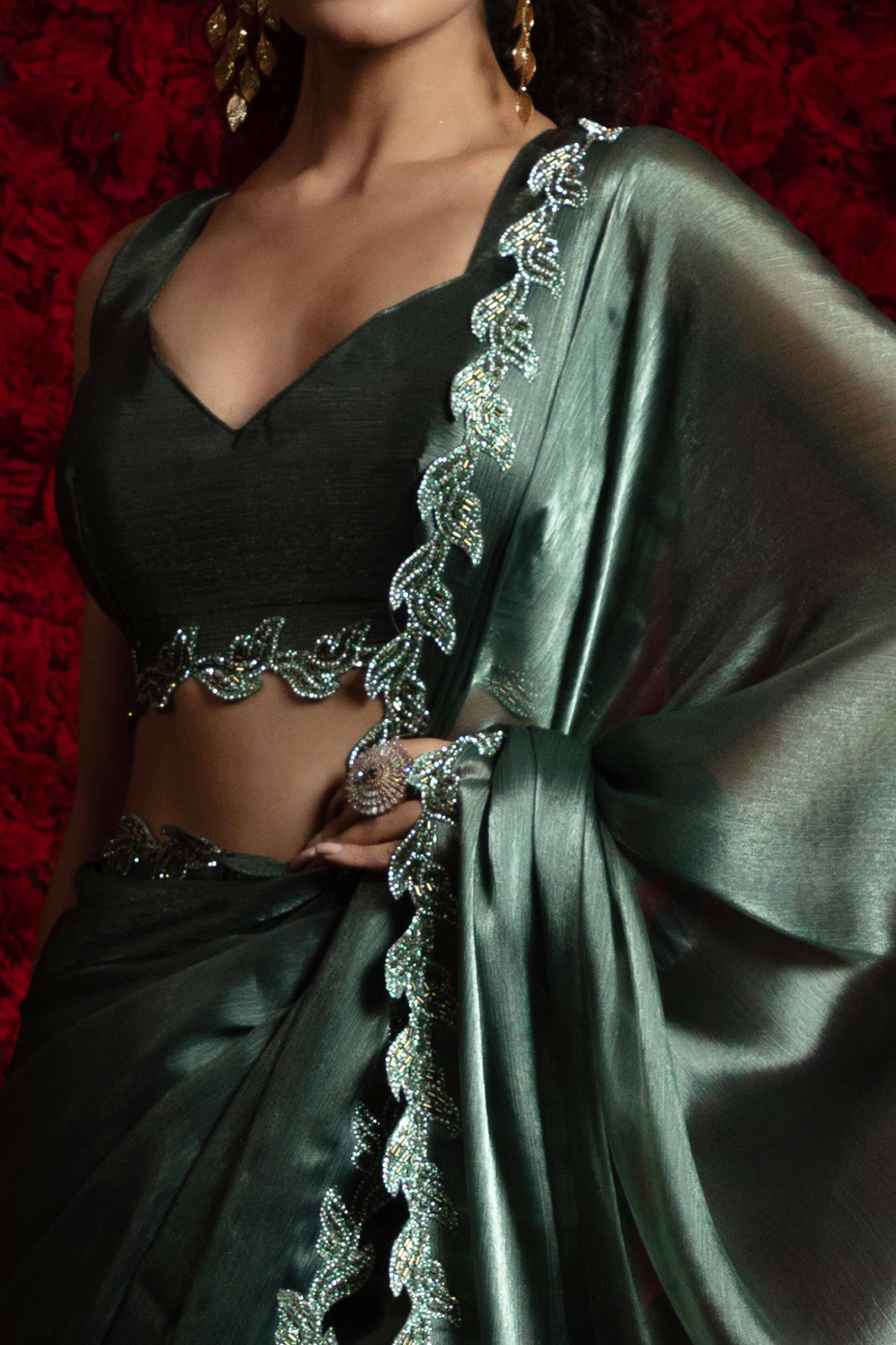 Sacramento Green Party Wear Saree Stone Embellished Tissue Chiffon Fabric