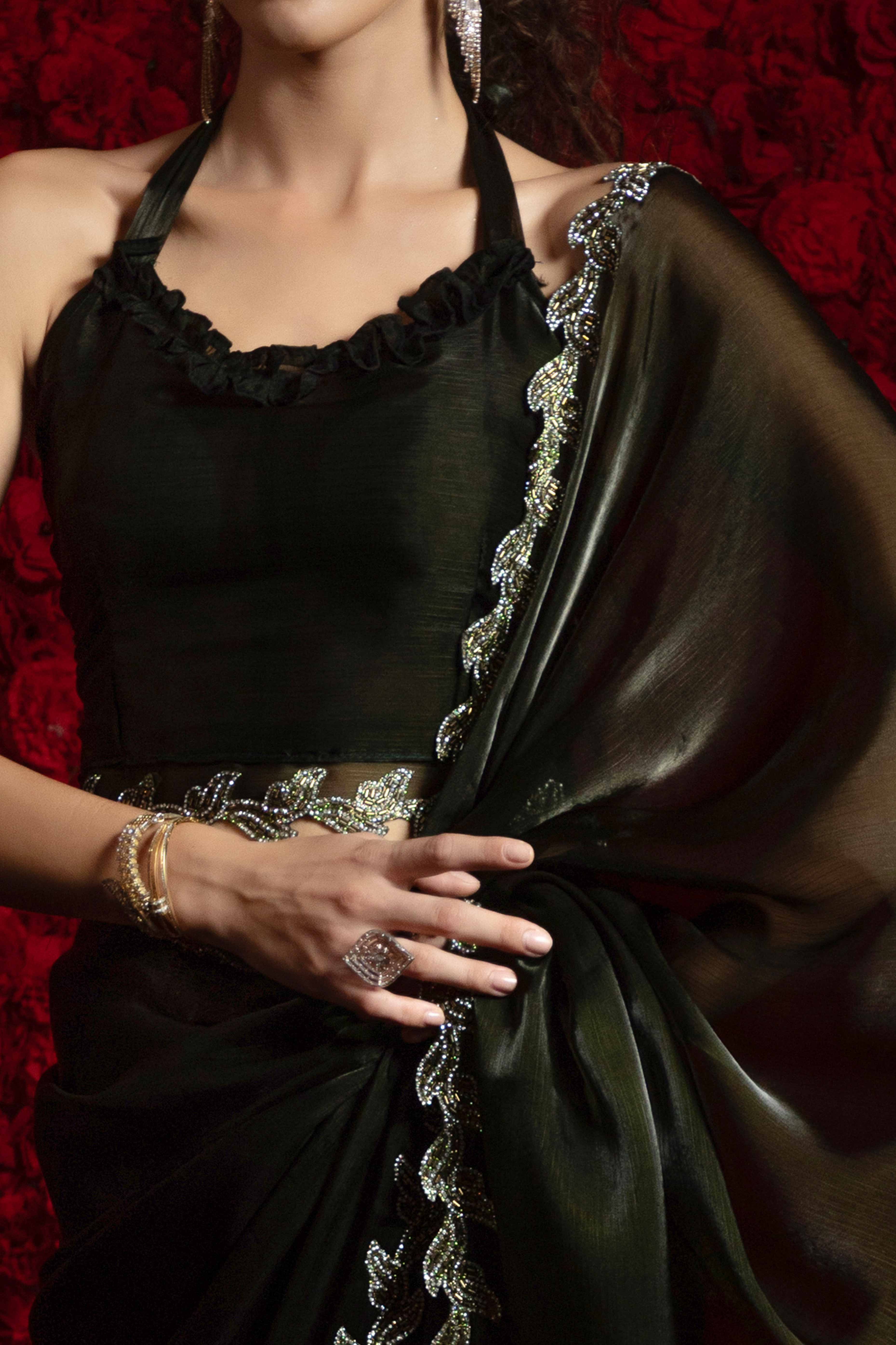 Dark Olive Party Wear Saree Stone Embellished Tissue Chiffon Fabric