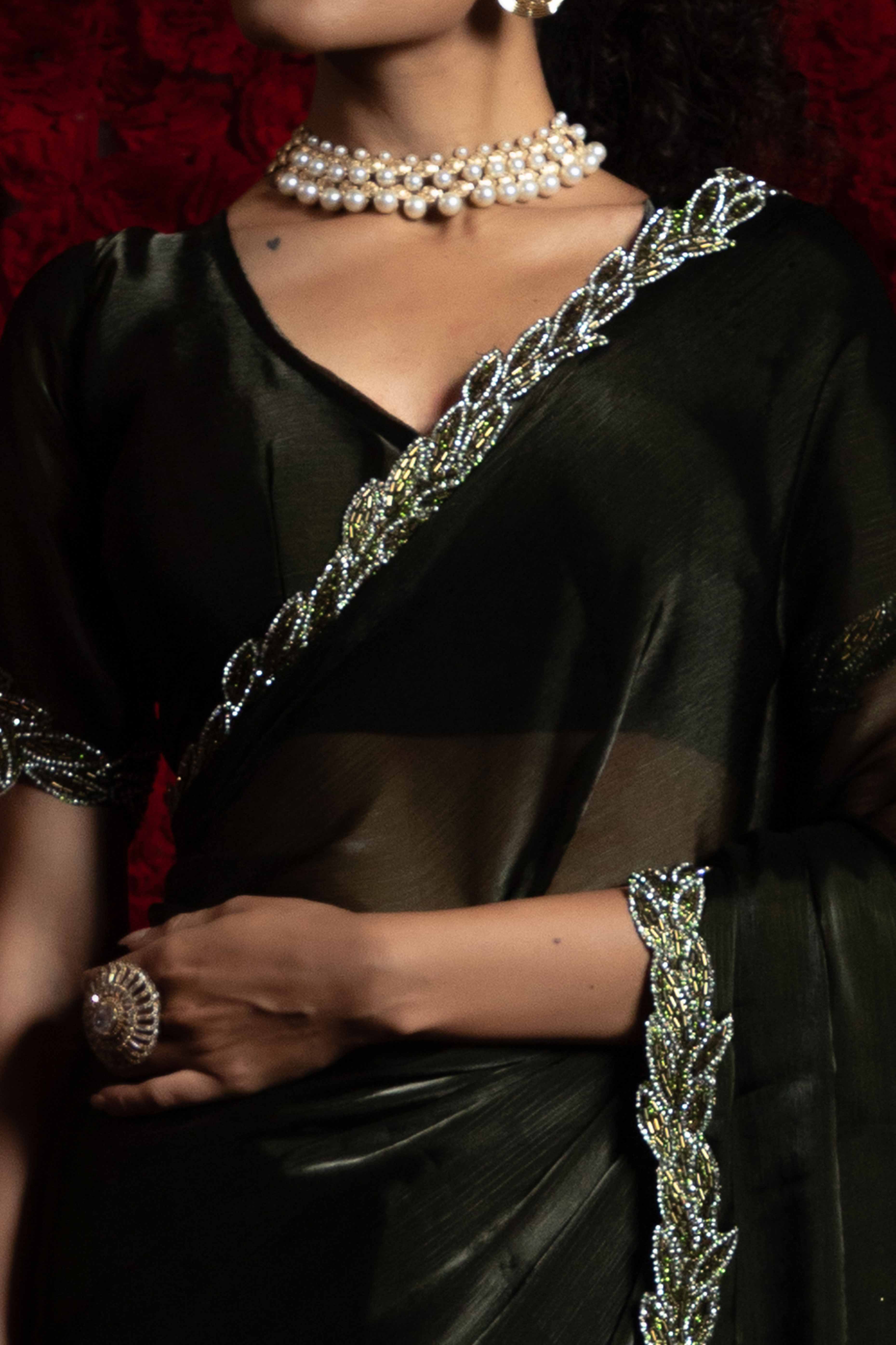 Deep Dark Olive Solid Tissue Chiffon Saree Accented With Elegant Zarkan Work Border
