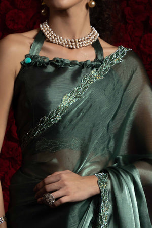 Emerald Green Solid Tissue Chiffon Saree Accented With Elegant Zarkan Work Border