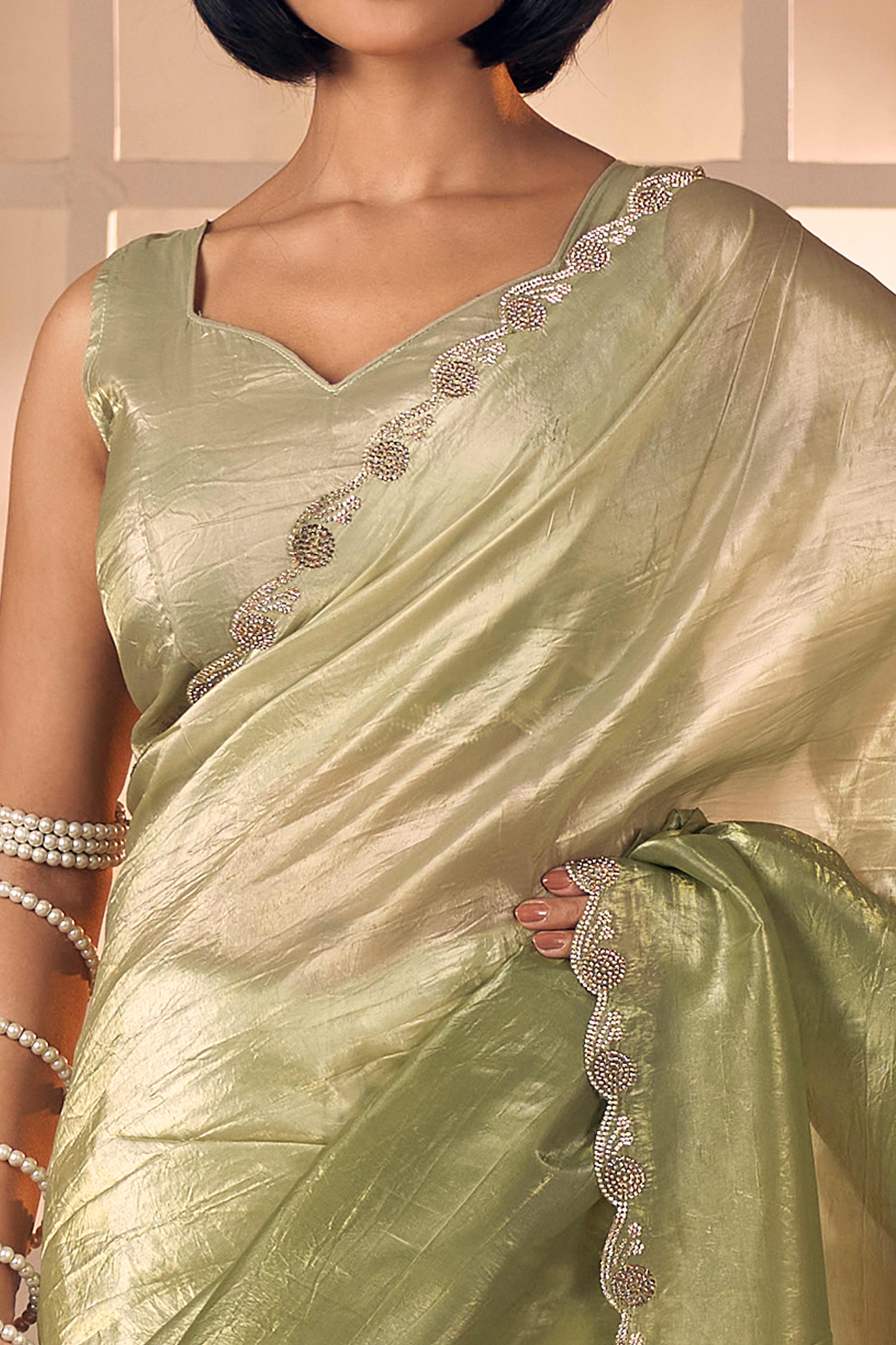 Elegant Olive Pure Silk Saree Enhanced With Premium Zarkan Cutwork Embellishment