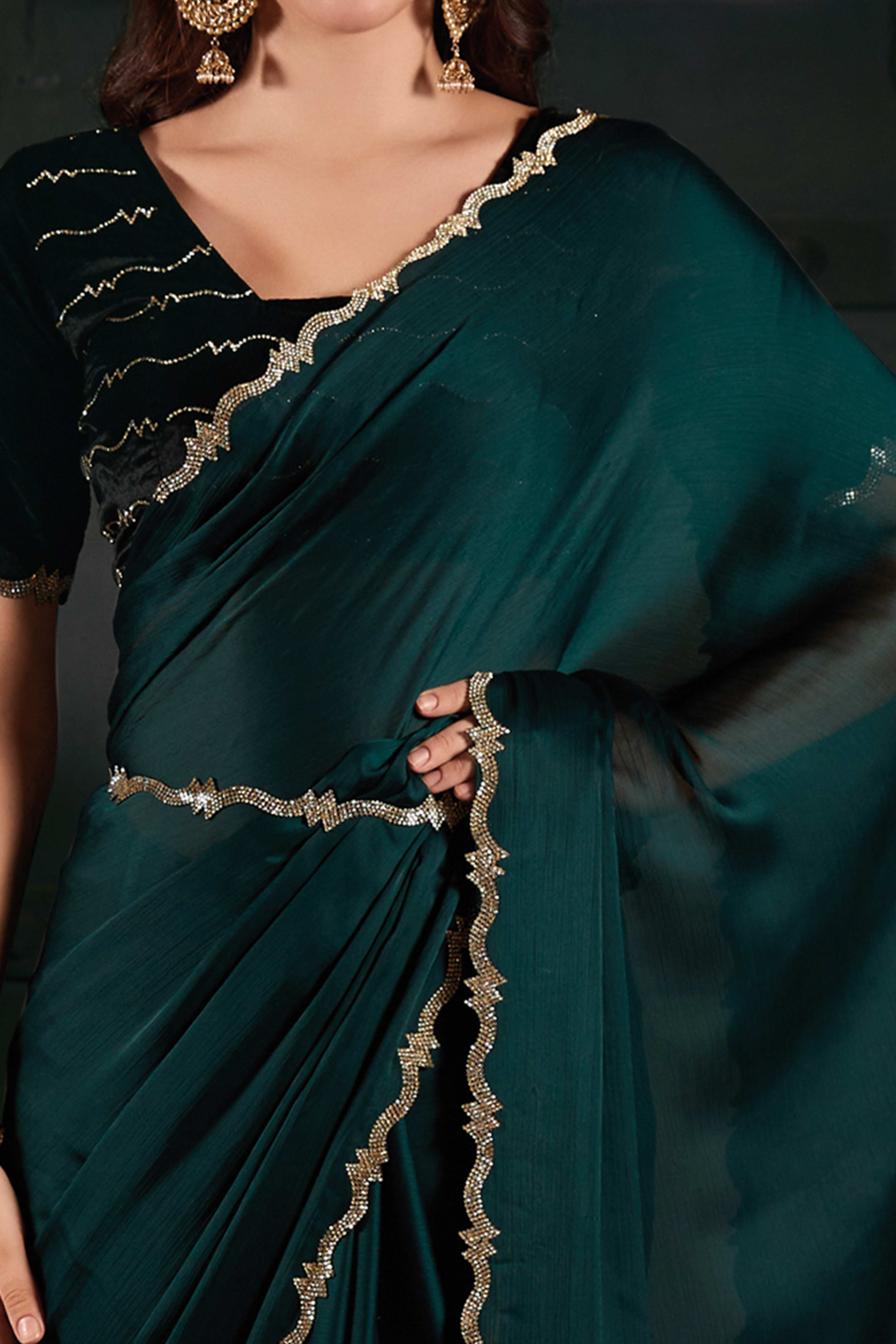 Dark Teal Solid With Zarkan Cutwork Border Chiffon Saree With Belt