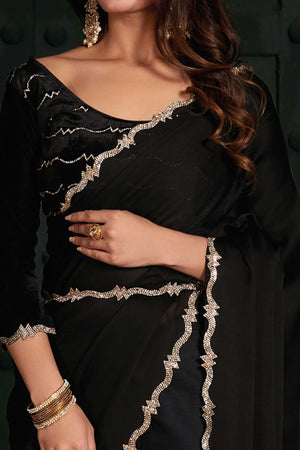 Black Solid With Zarkan Cutwork Border Chiffon Saree With Belt