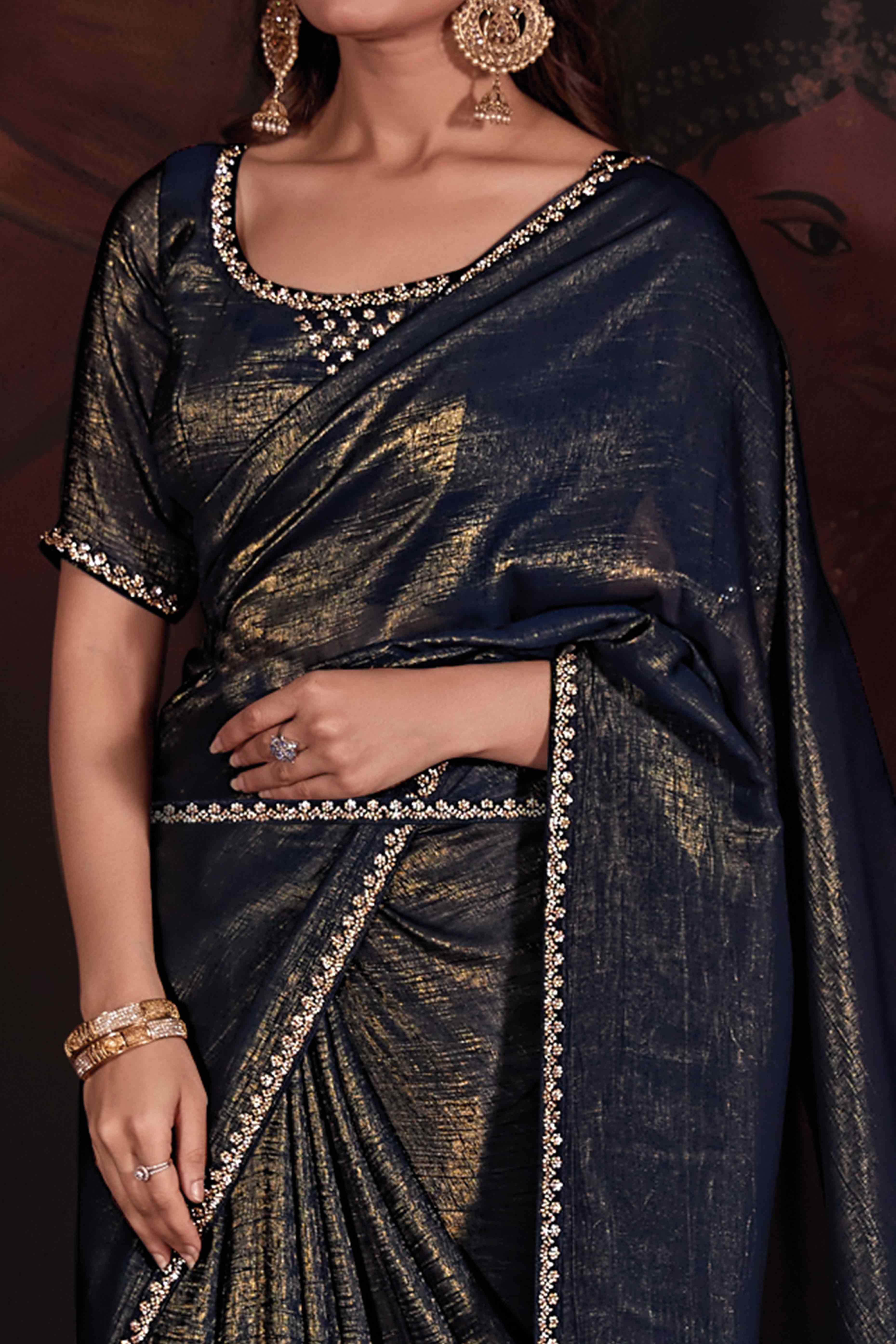 Navy Blue Solid With Zarkan Border Art Silk Saree With Belt