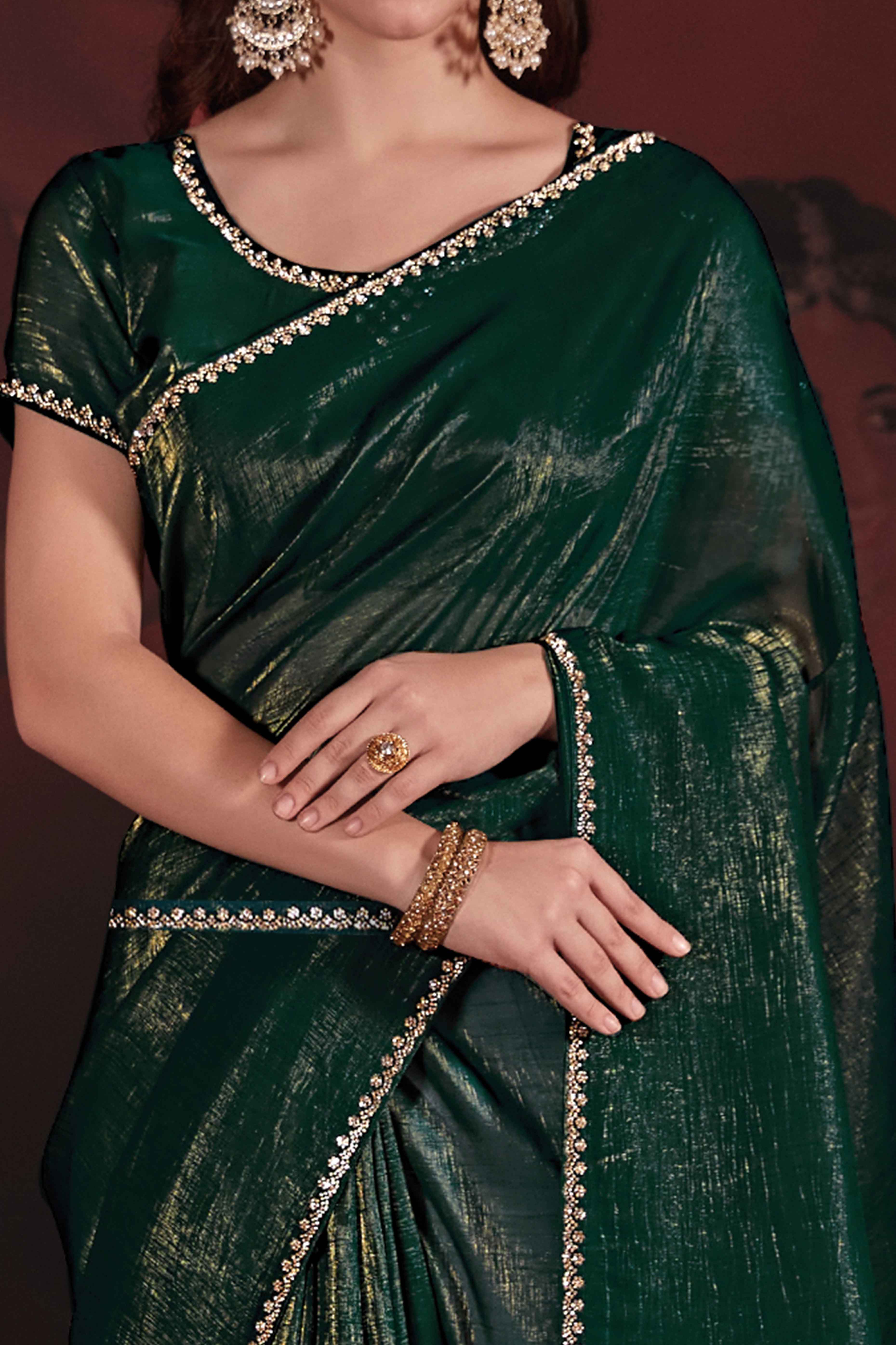 Bottle Green Solid With Zarkan Border Art Silk Saree With Belt