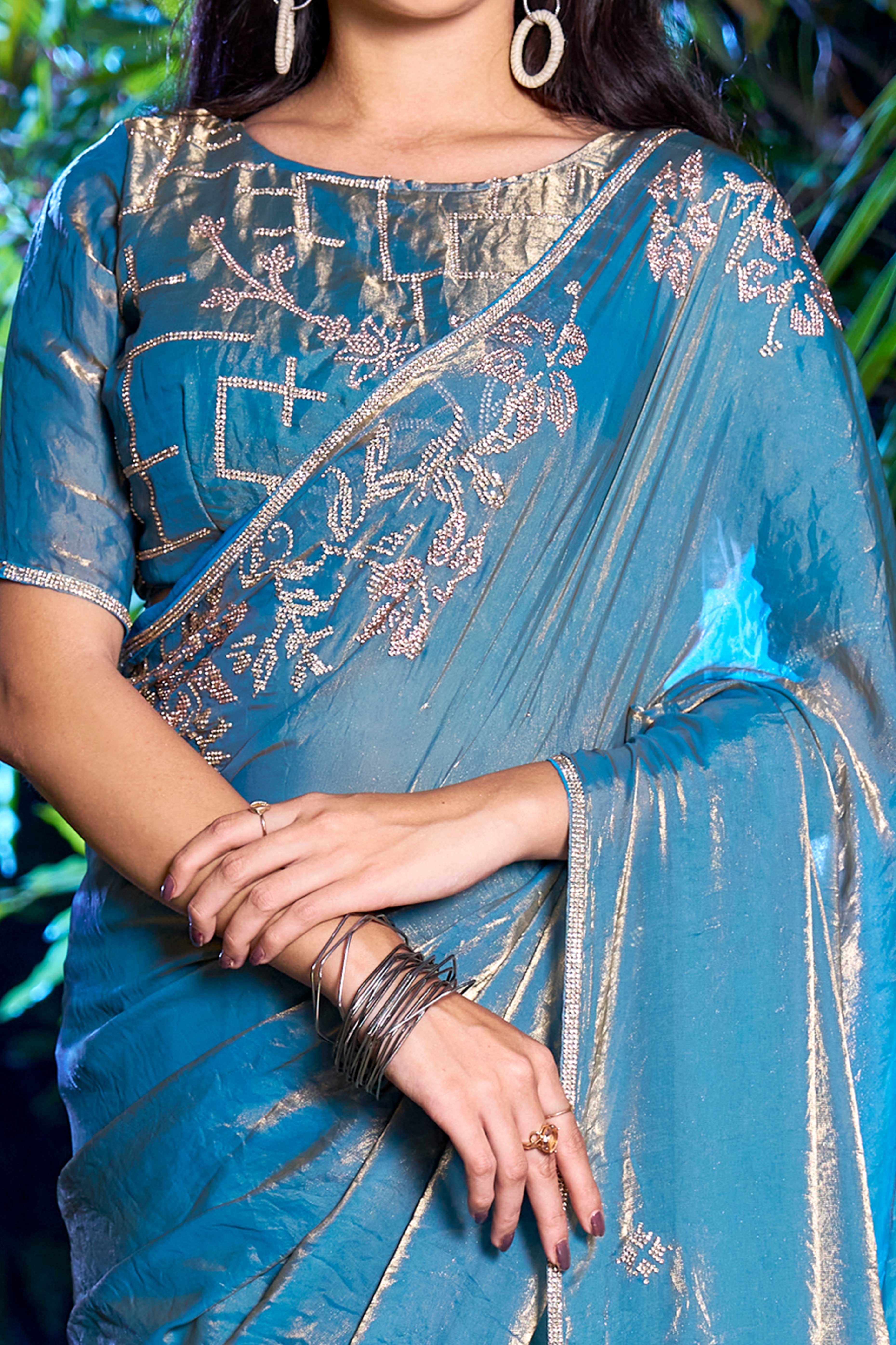 Luxury Satin Saree in Sky Blue with Swarovski Embellishments