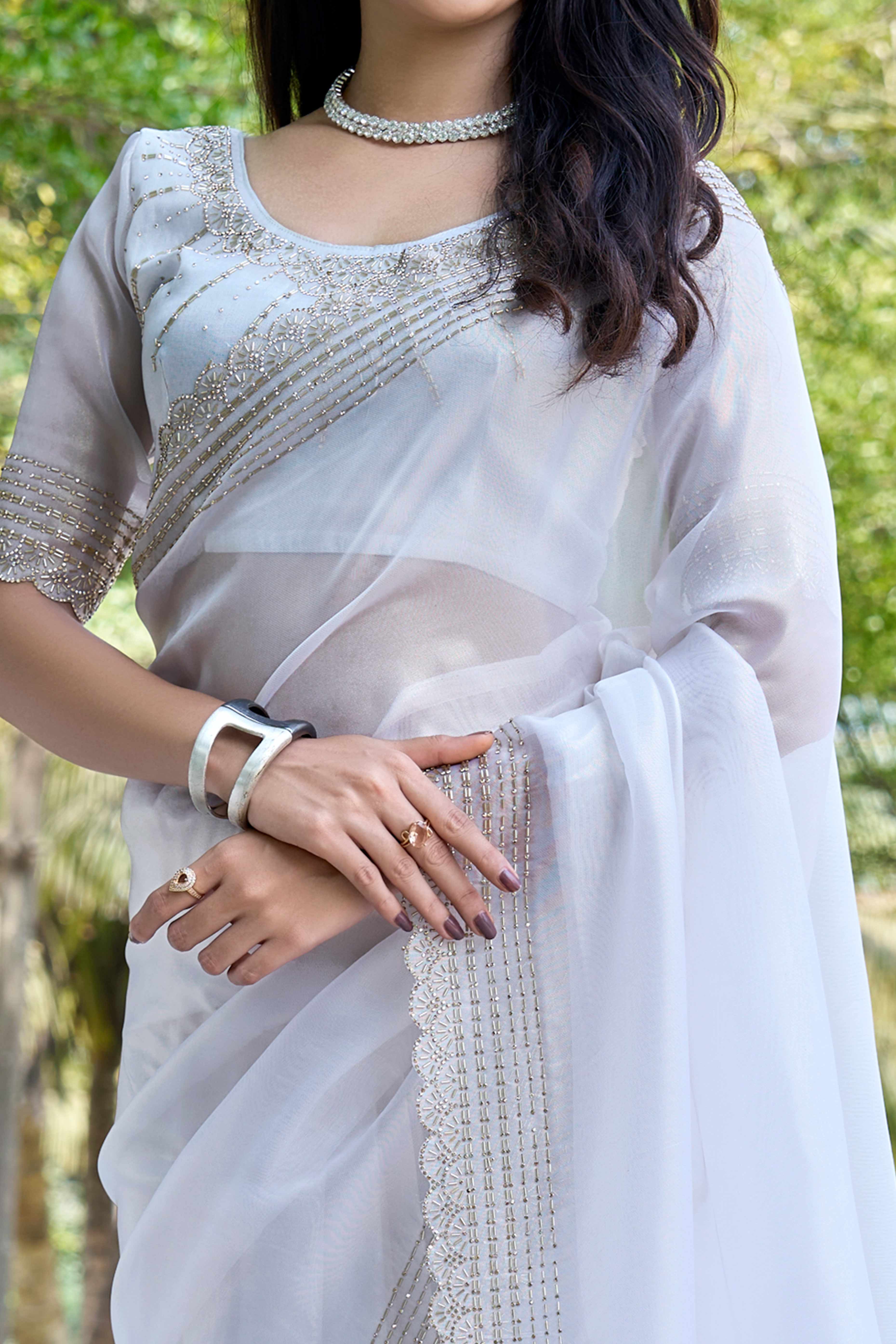 White Soft Organza Saree with Stone Embellishments Work