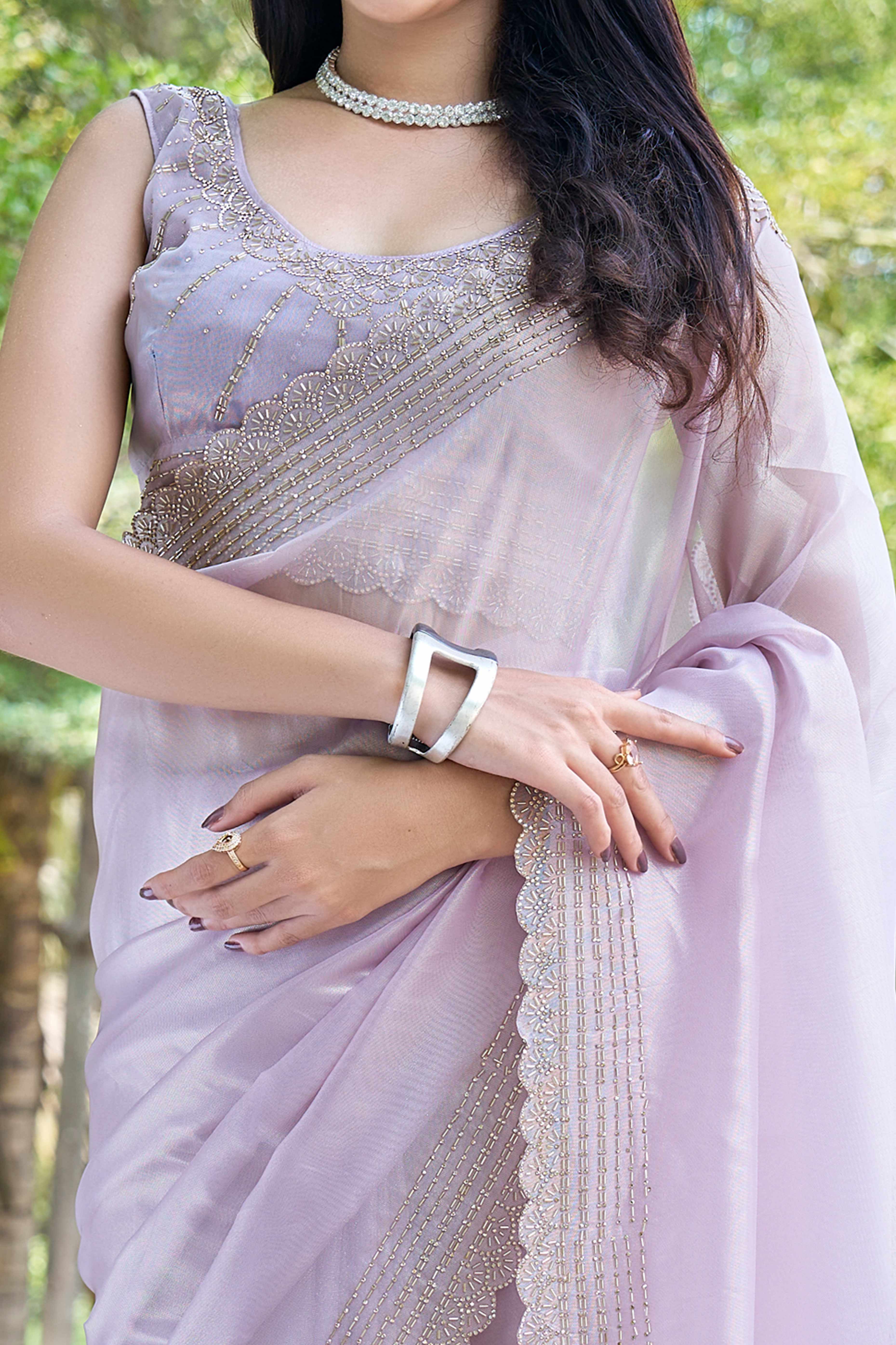 Lavender Soft Organza Saree with Stone Embellishments Work
