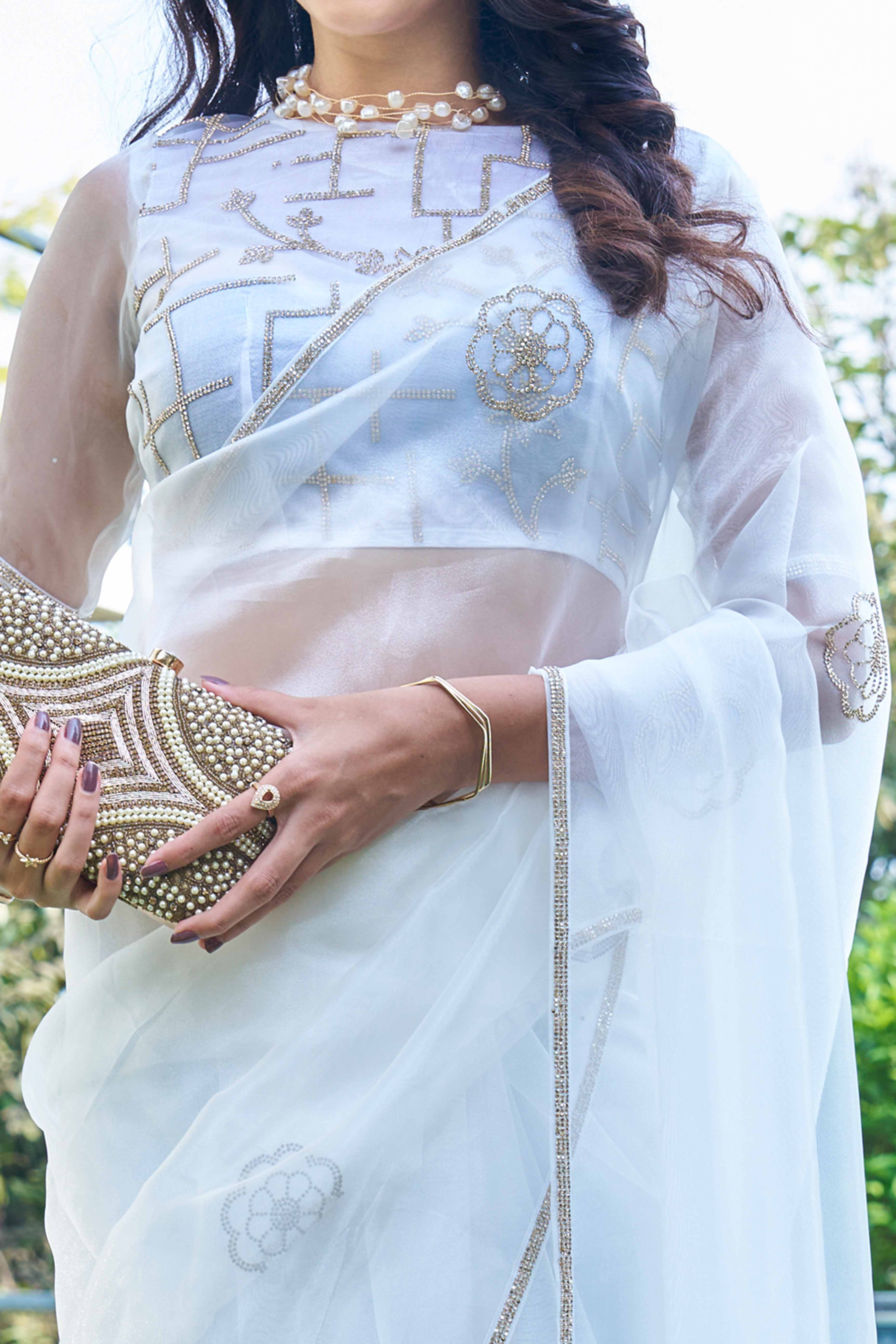 Light Blue Stone Work Embroidered Organza Saree