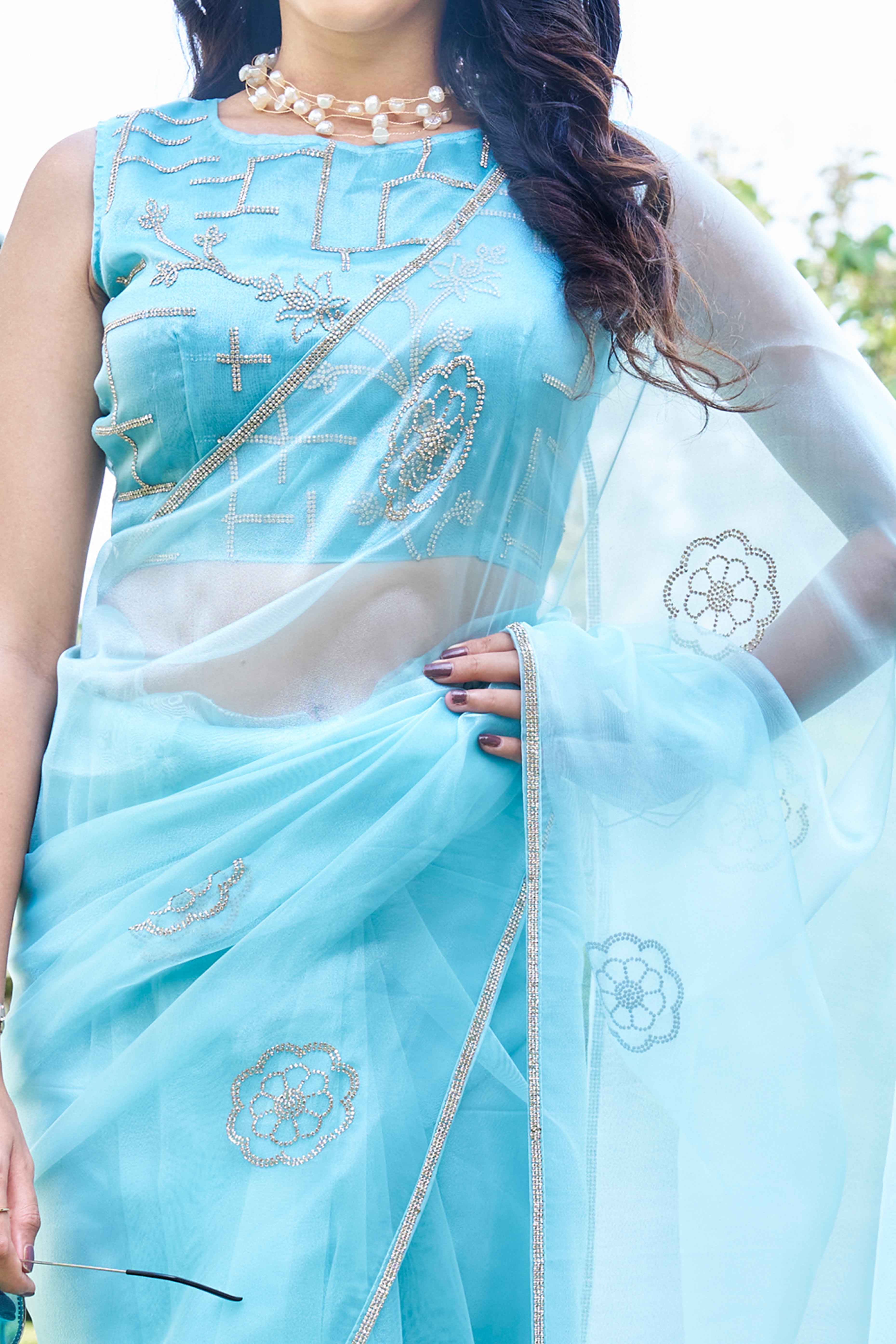 Sky Blue Stone Work Embroidered Organza Saree