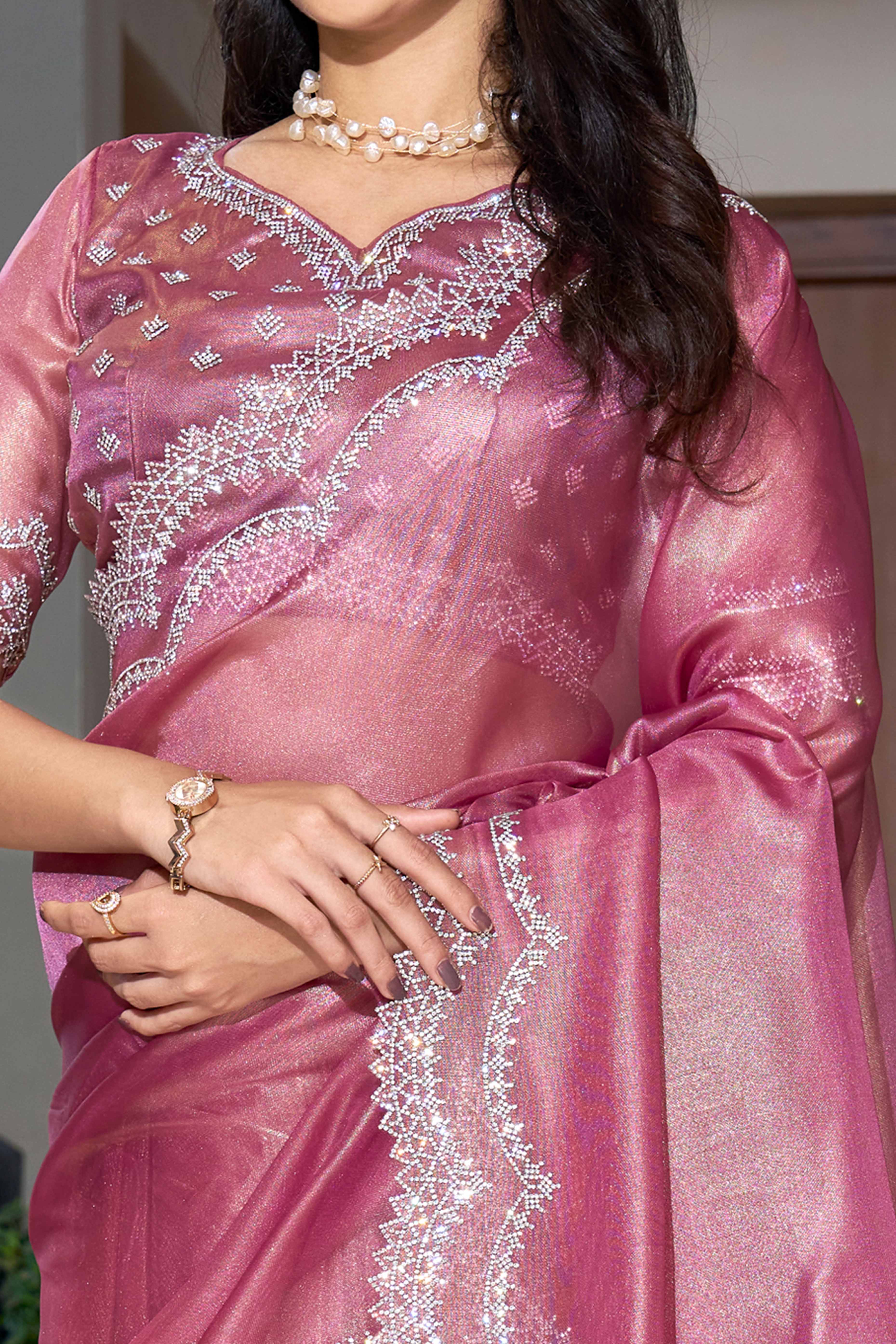 Stunning Pink Organza Solid Saree With a Touch of Zarkan Opulence