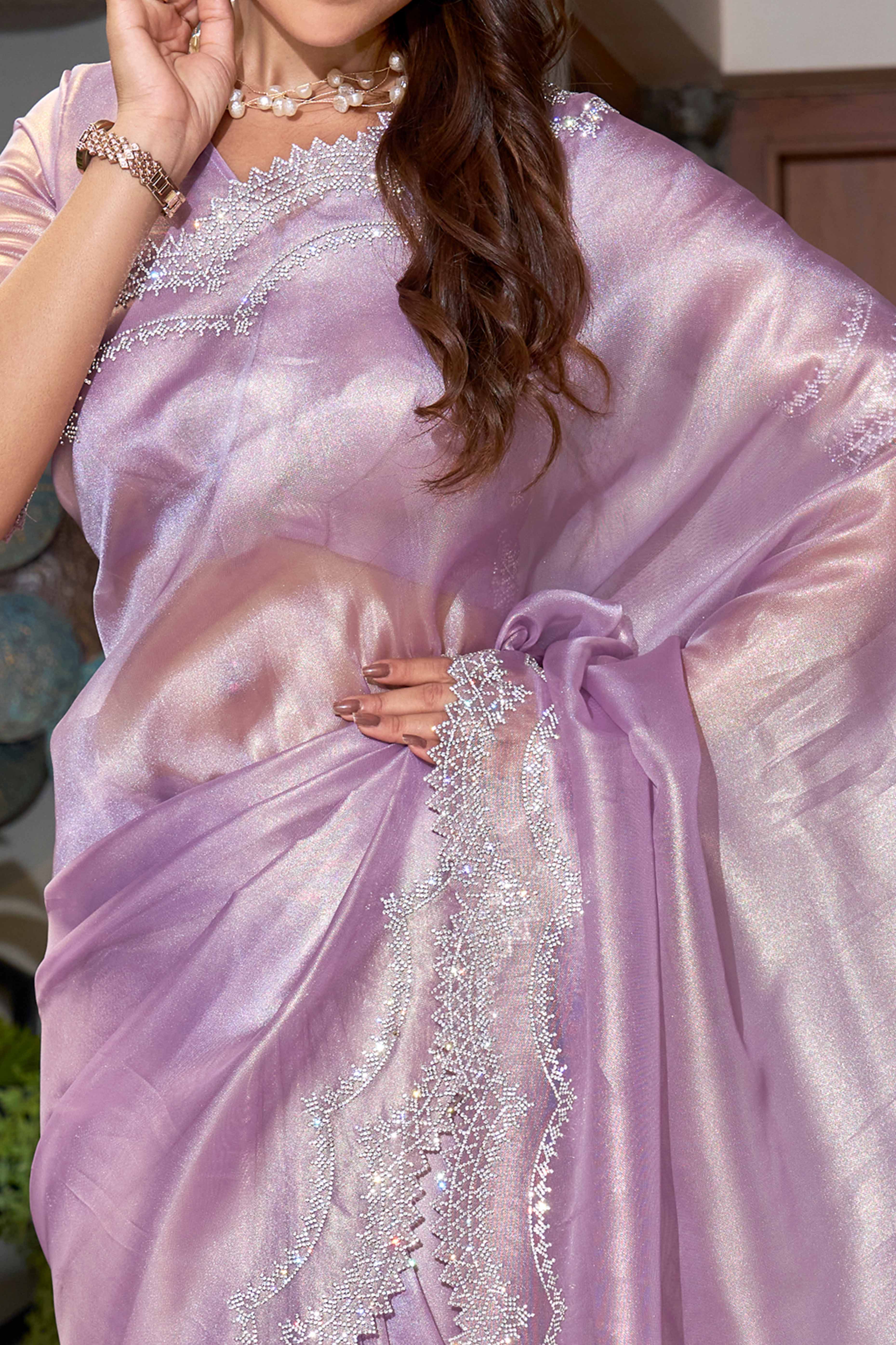 Mystical Lavender Organza Solid Saree With Artistic Handcrafted Detailing