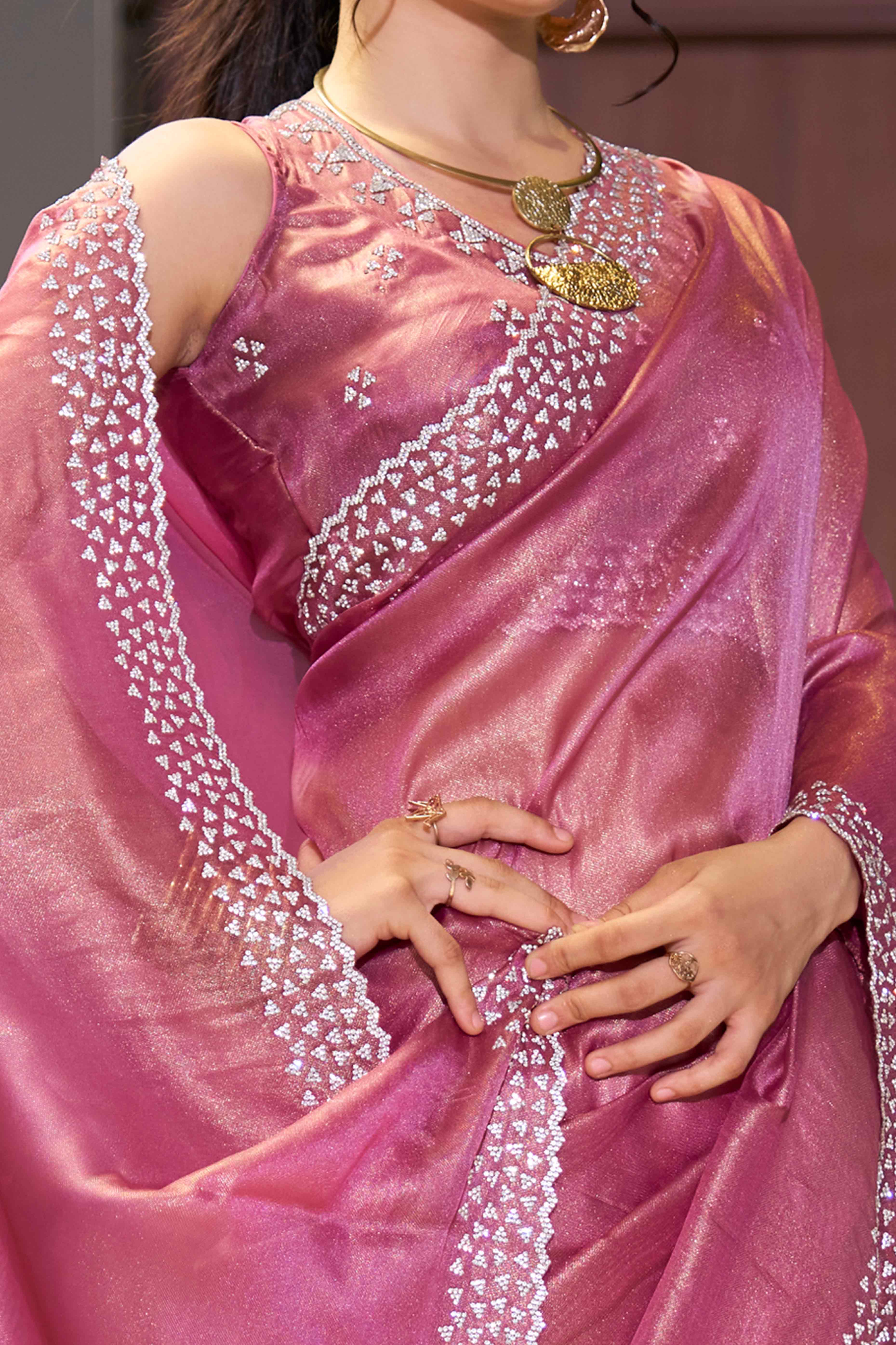 Pink Solid With Zarkan Work Organza Saree