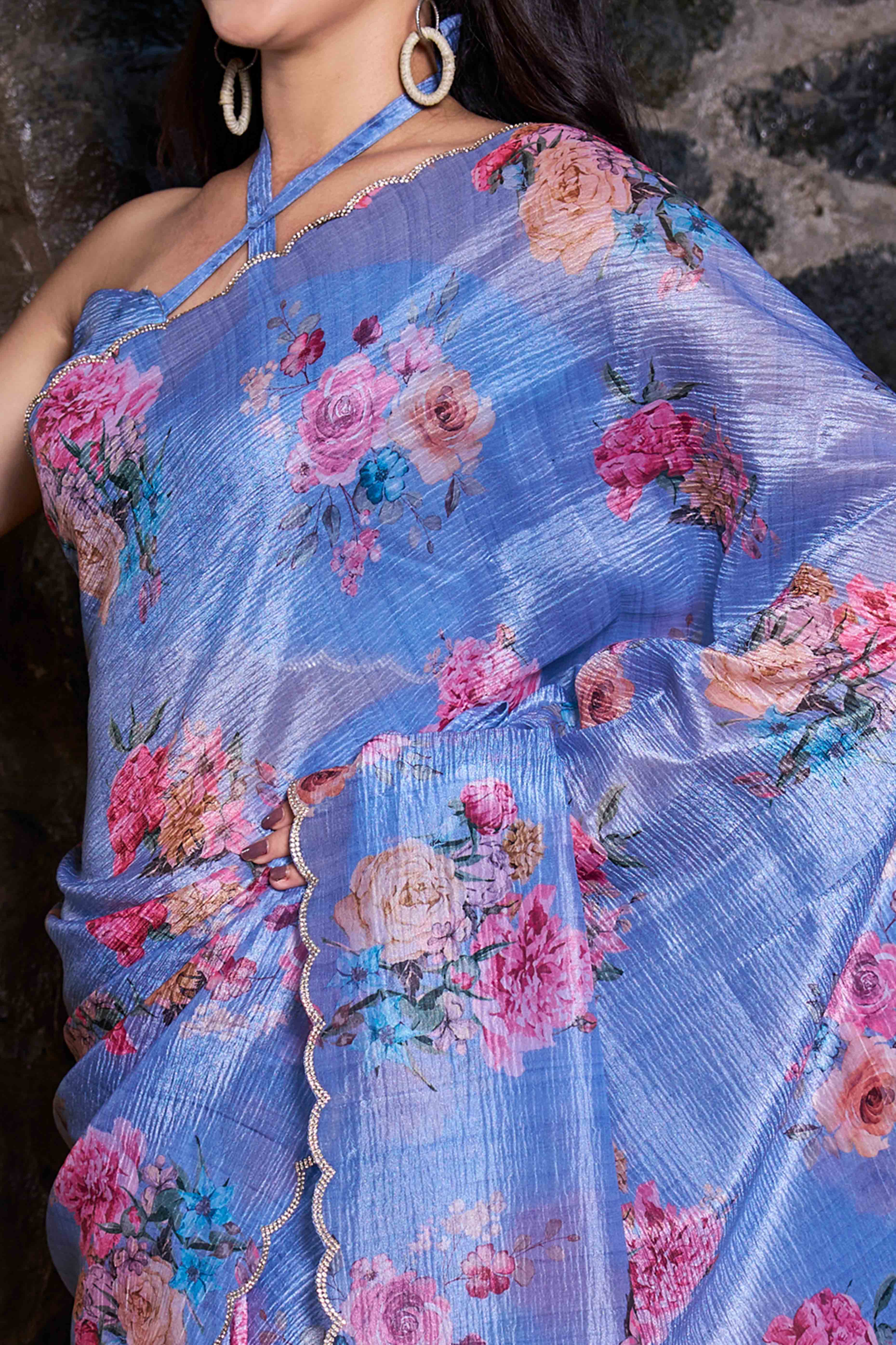 Blue Floral Printed Art Silk Saree