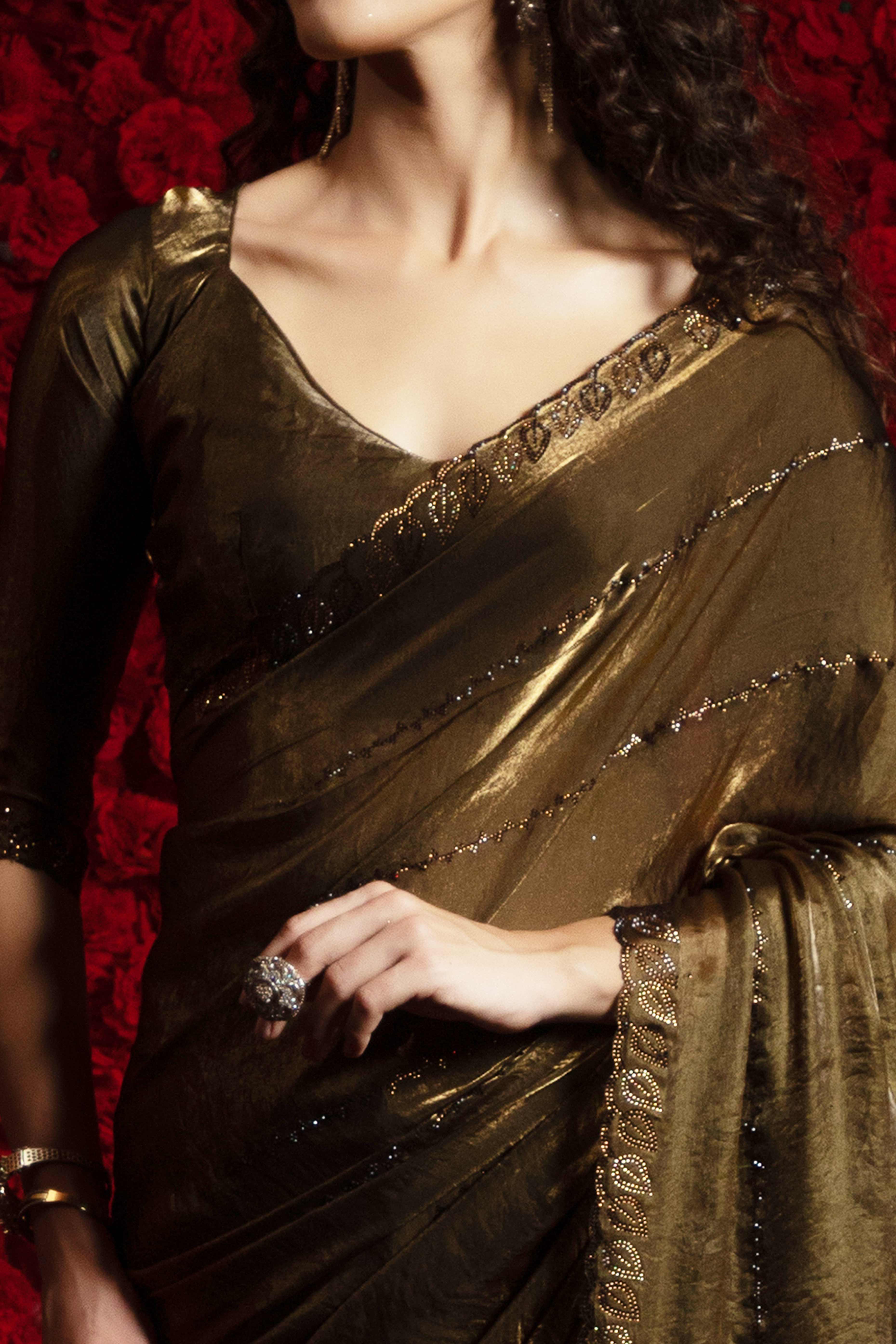 Mehandi Green Satin Silk Saree with Dazzling Stone Embellishments for Special Occasions