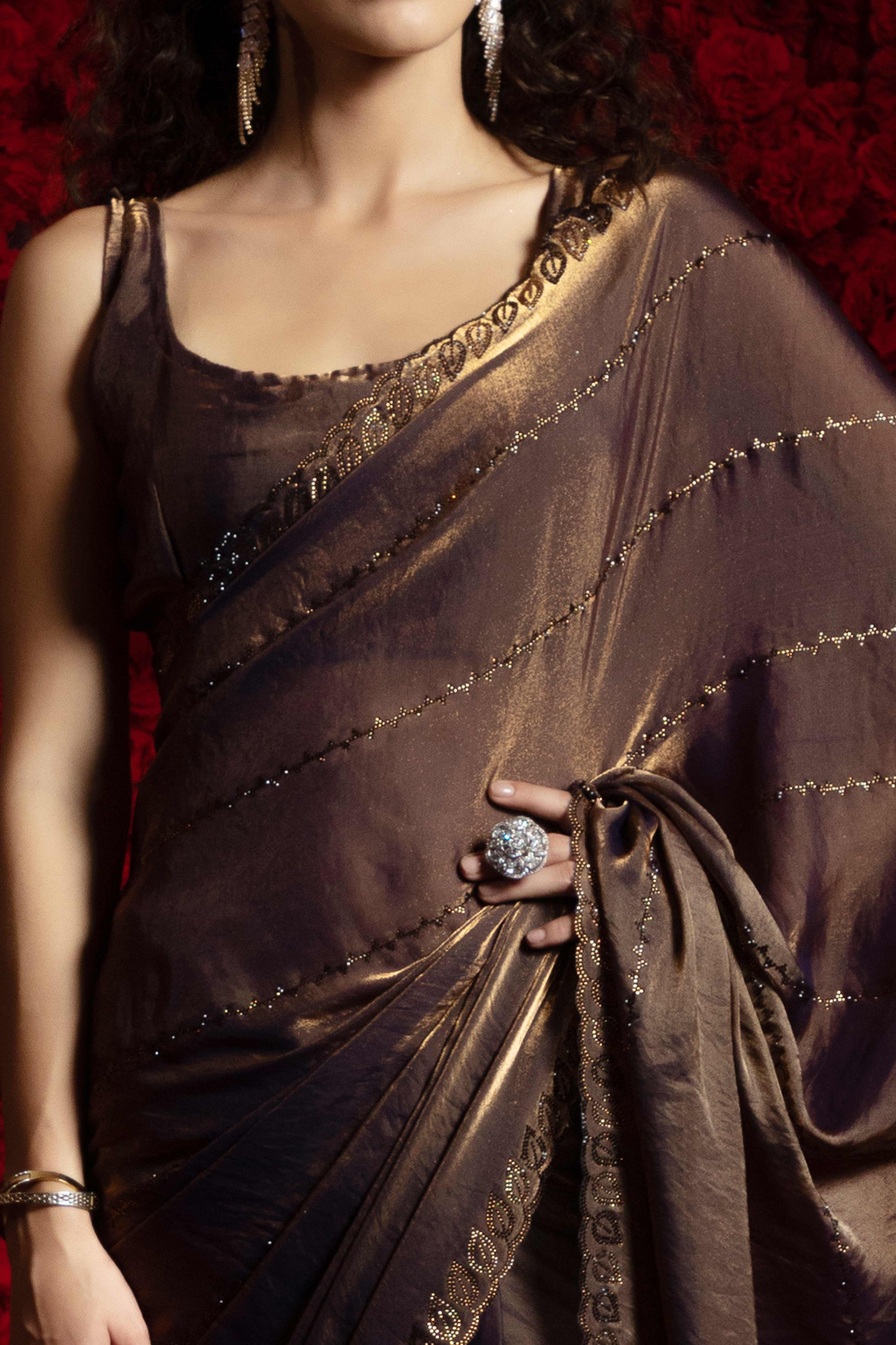Coffee Brown Satin Silk Saree with Dazzling Stone Embellishments for Special Occasions