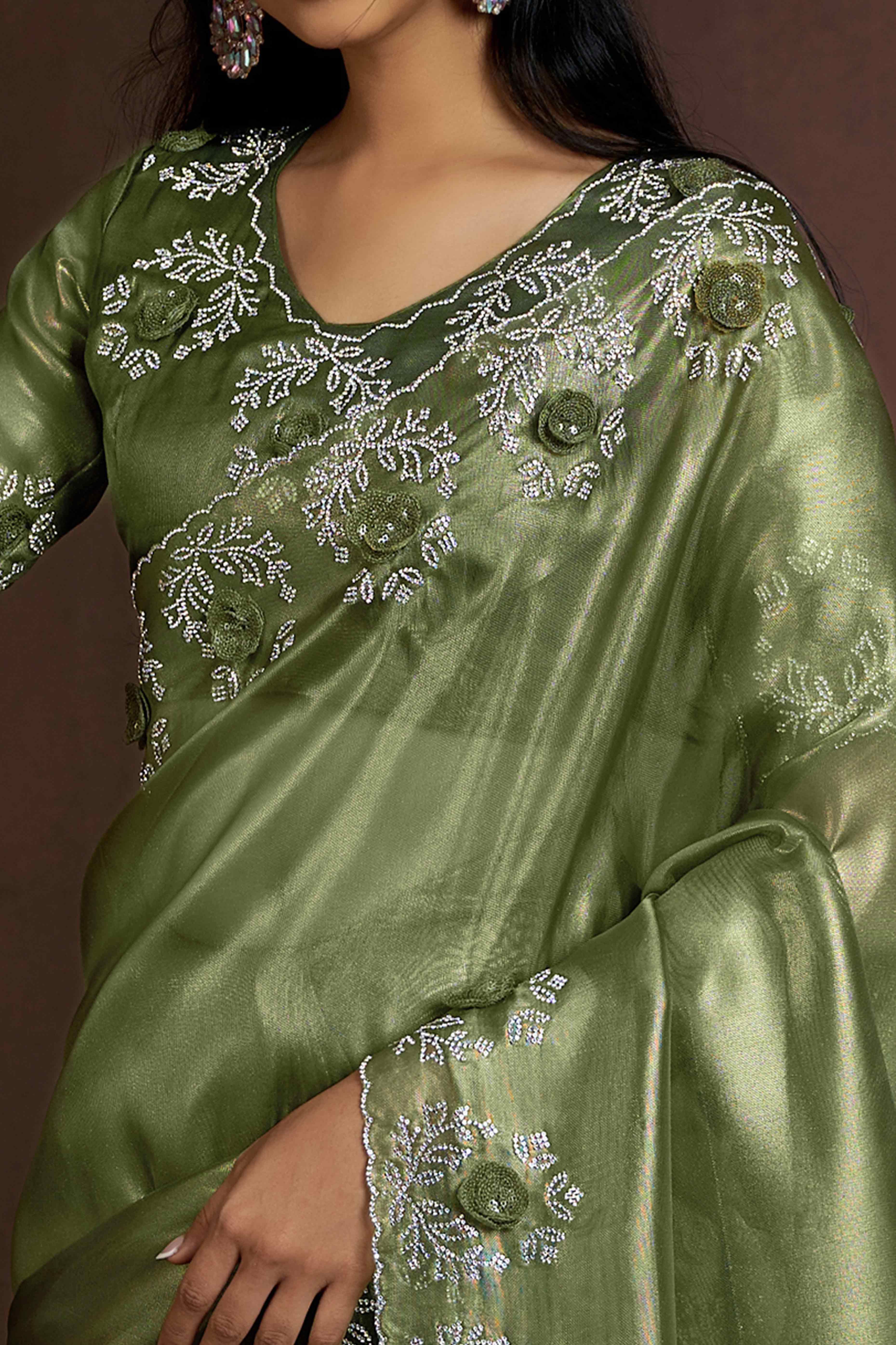 Green Floral Sequins With Zarkan Work Organza Saree
