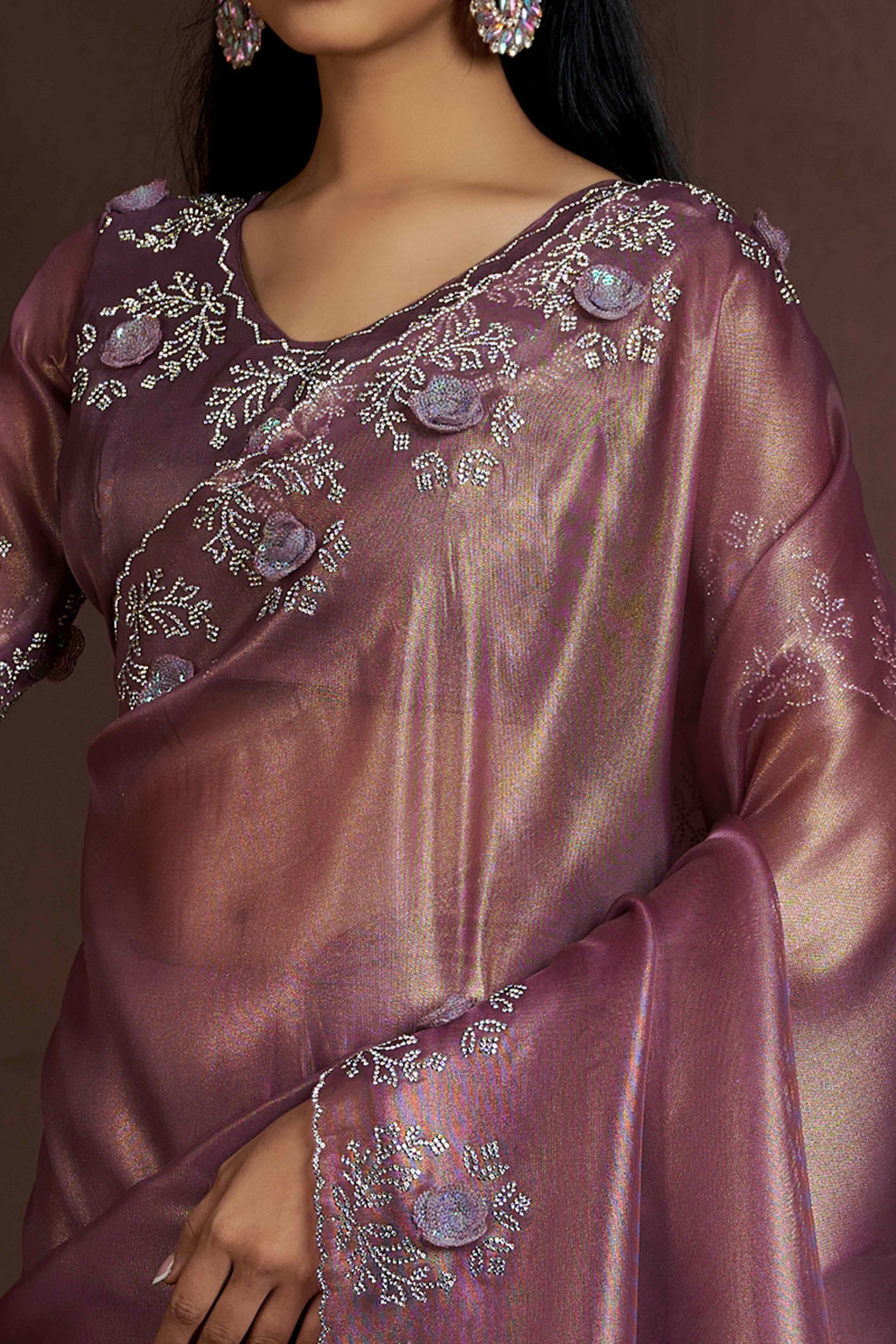 Wine Floral Sequins With Zarkan Work Organza Saree