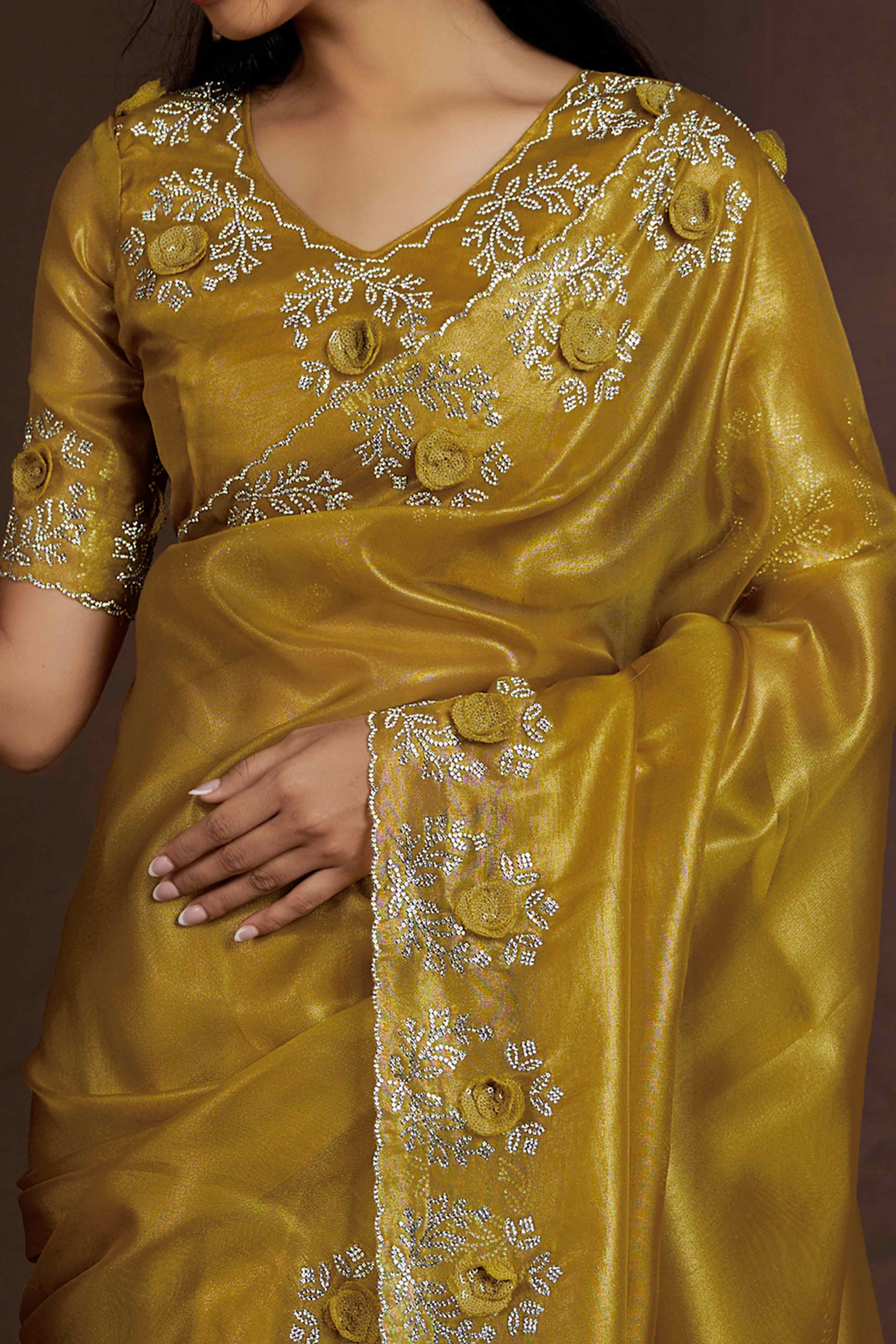 Mustard Floral Sequins With Zarkan Work Organza Saree