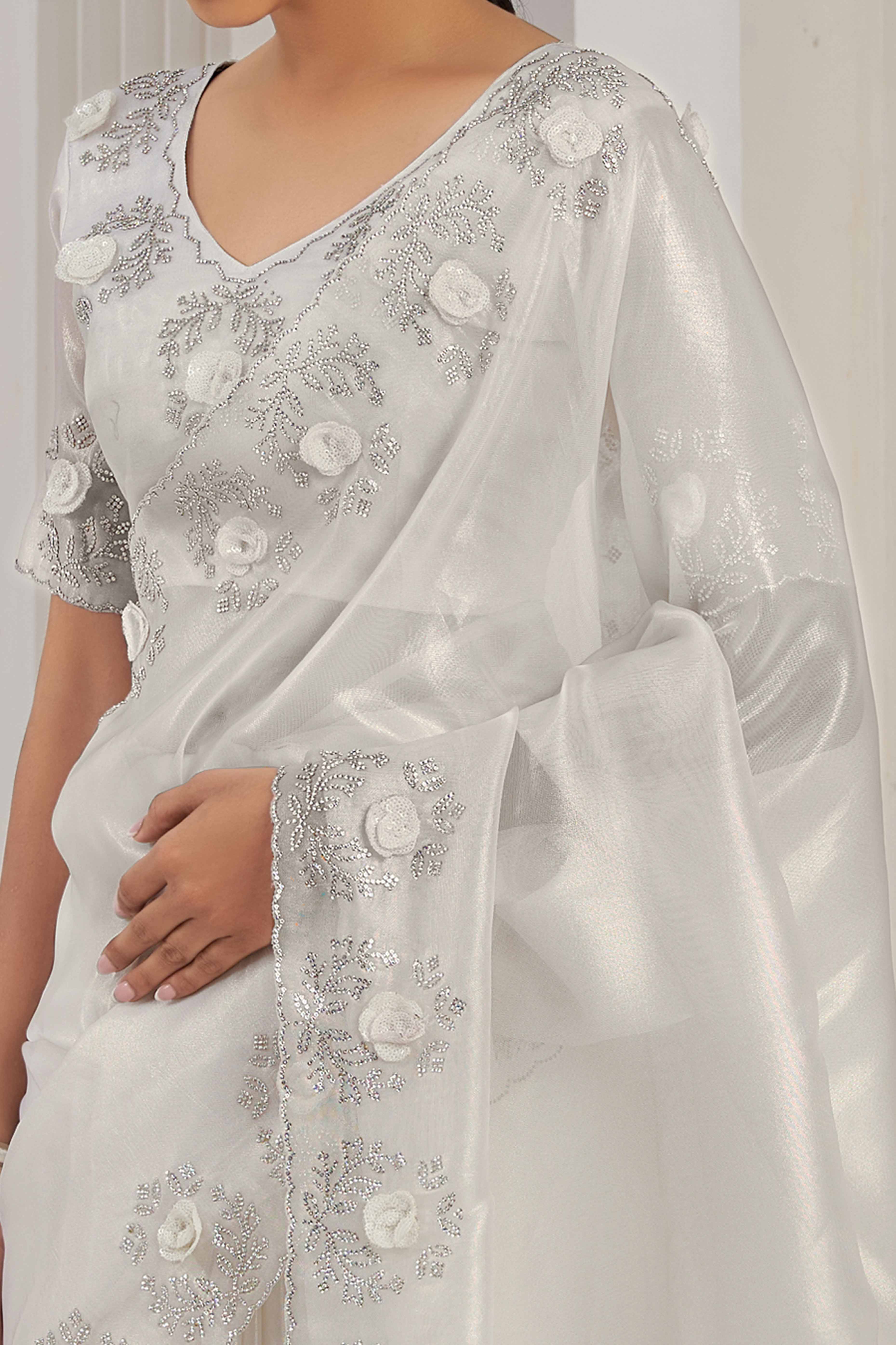 White Floral Sequins With Zarkan Work Organza Saree