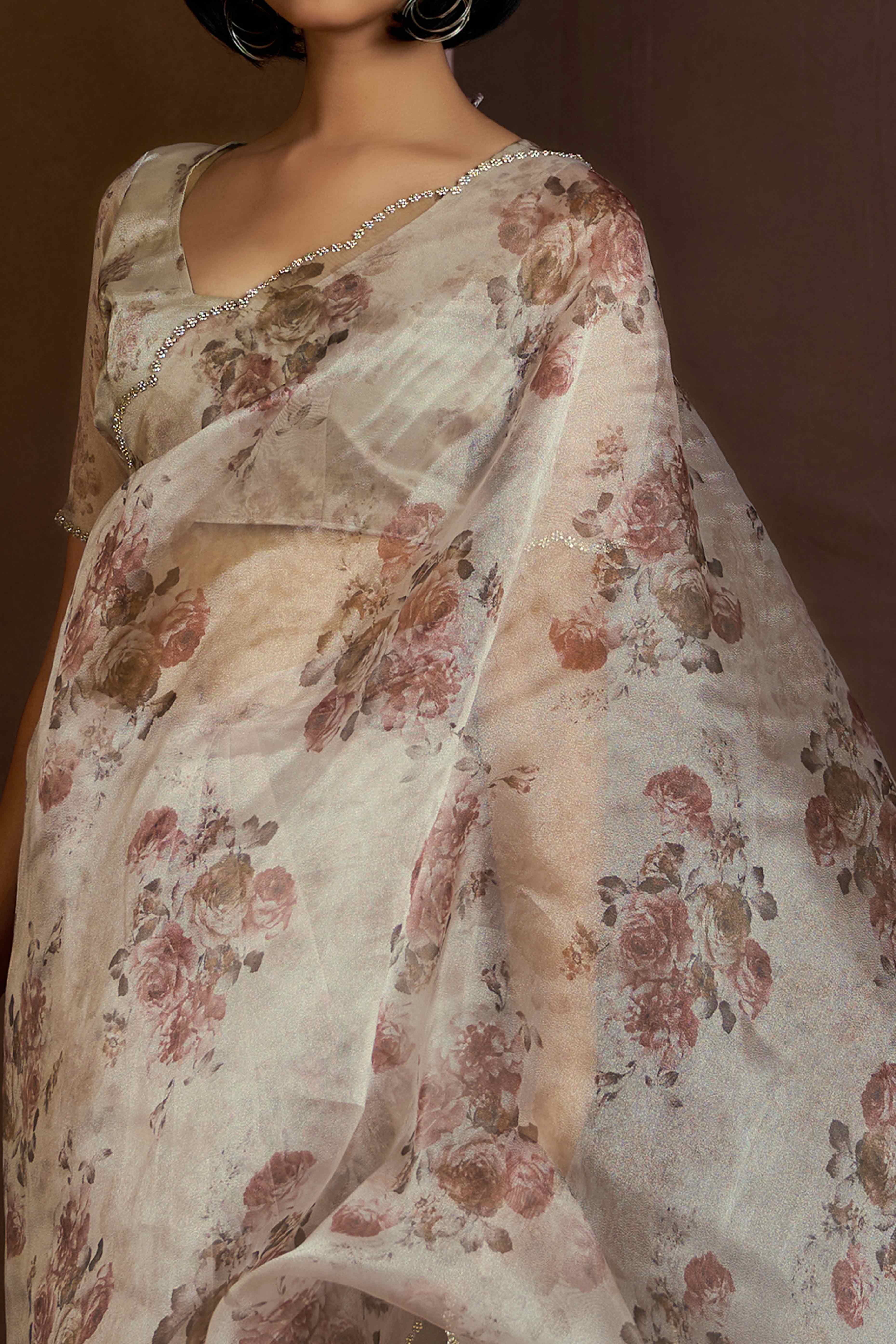 White Floral Printed Soft Organza Saree With Stone Work Border