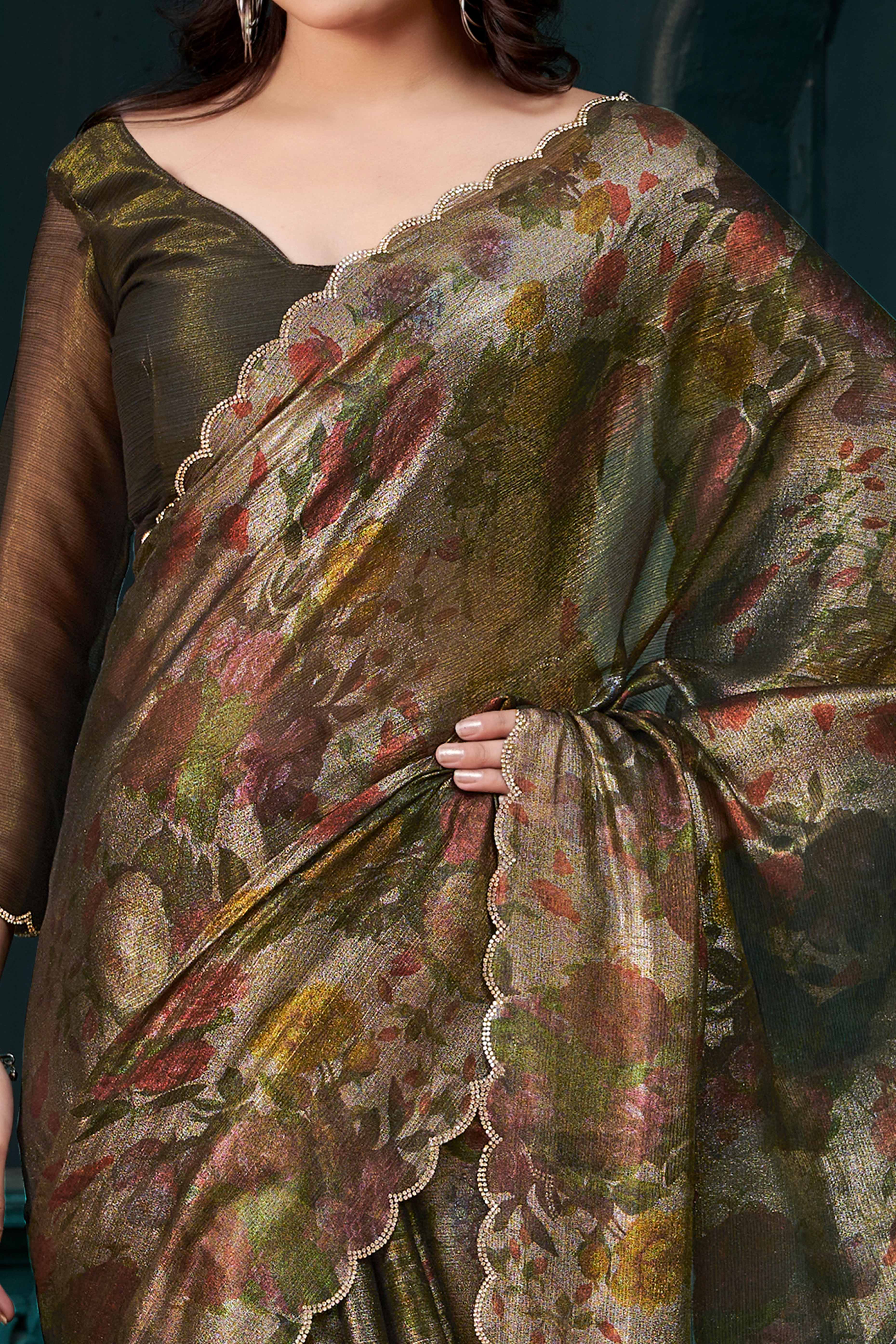 Olive Partywear Saree in Smooth Chiffon Silk with Contemporary Floral Prints