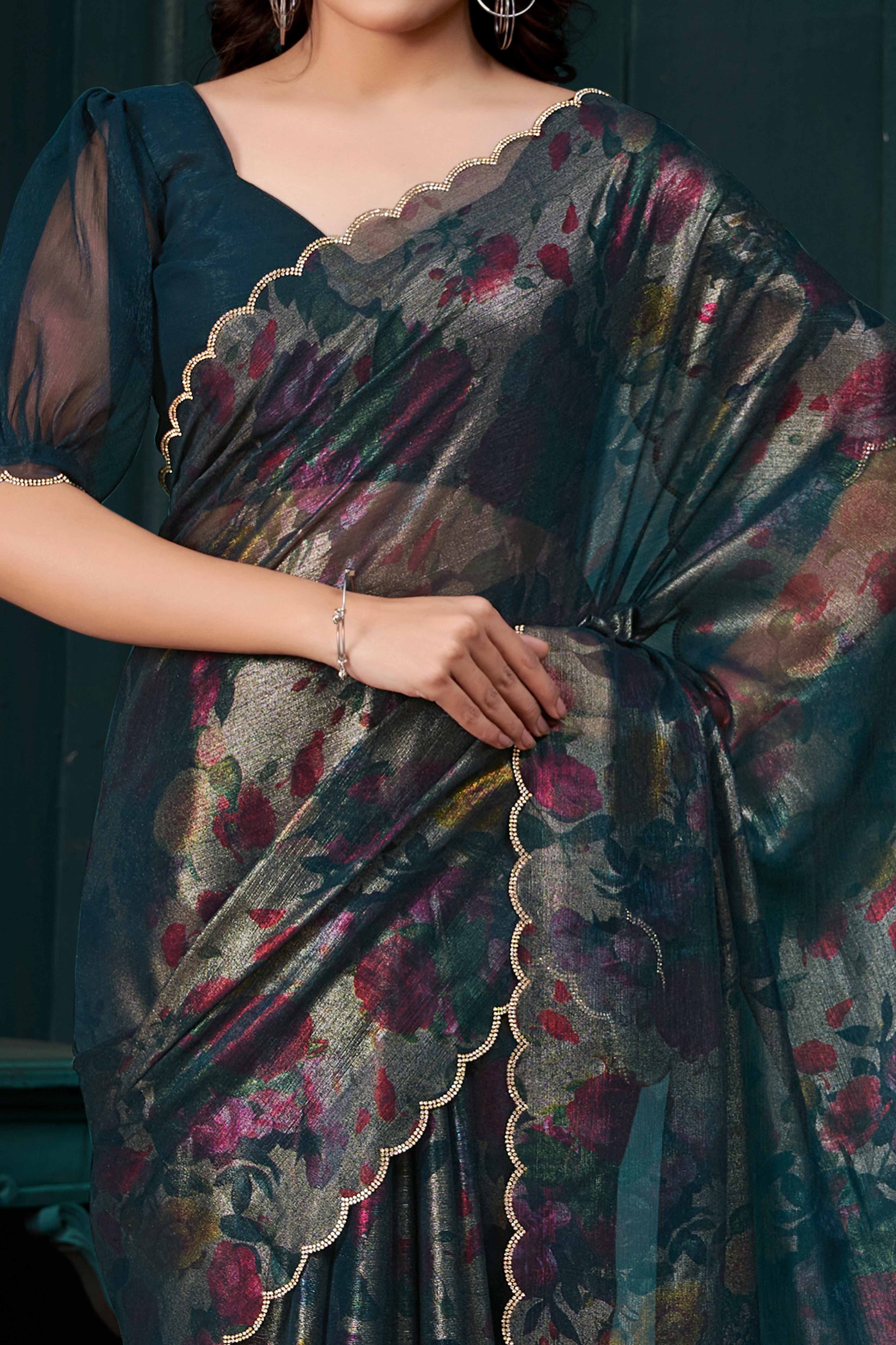 Teal Partywear Saree in Smooth Chiffon Silk with Contemporary Floral Prints