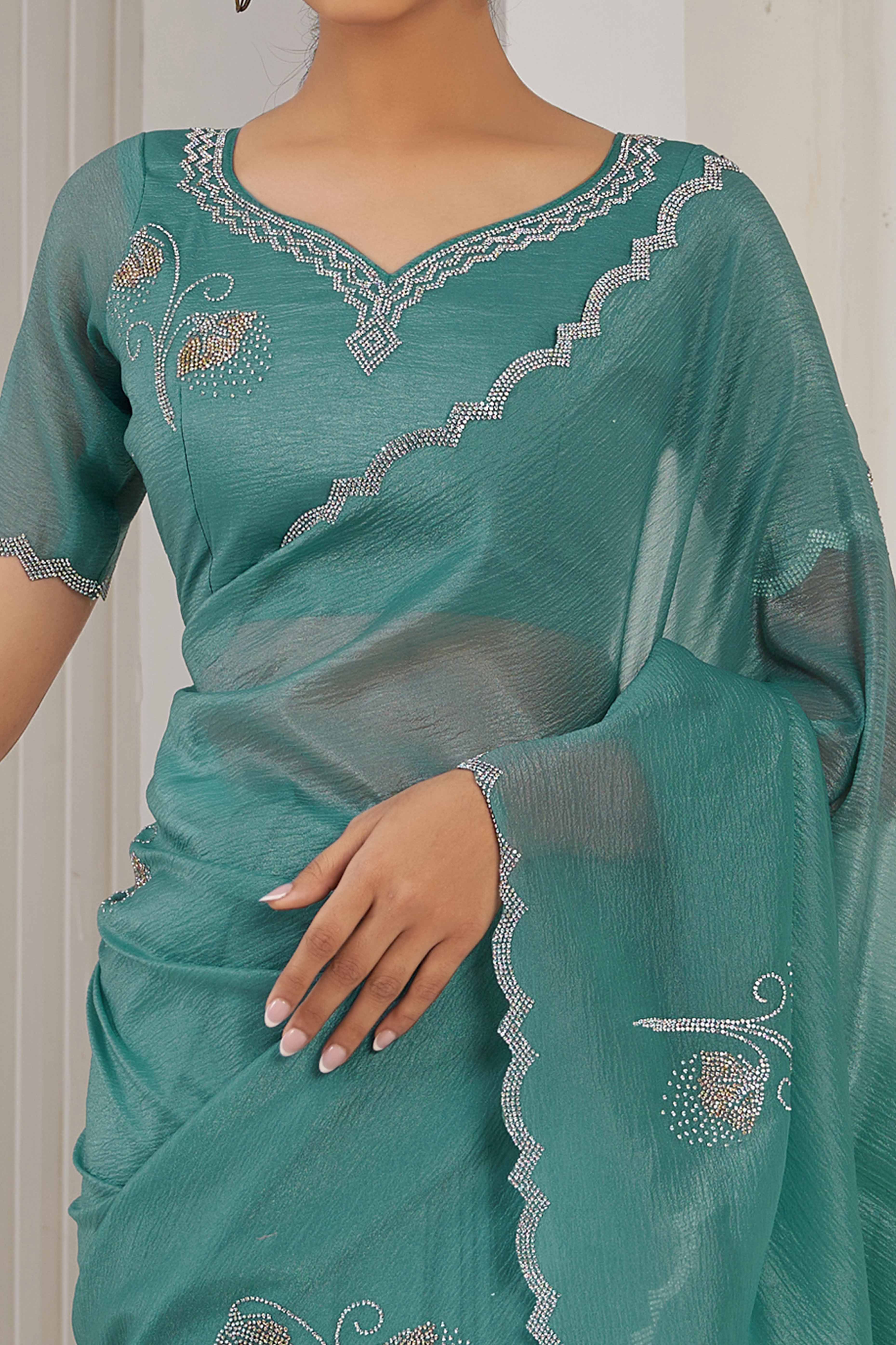 Teal Stone Work Embroidered Crepe Silk Saree