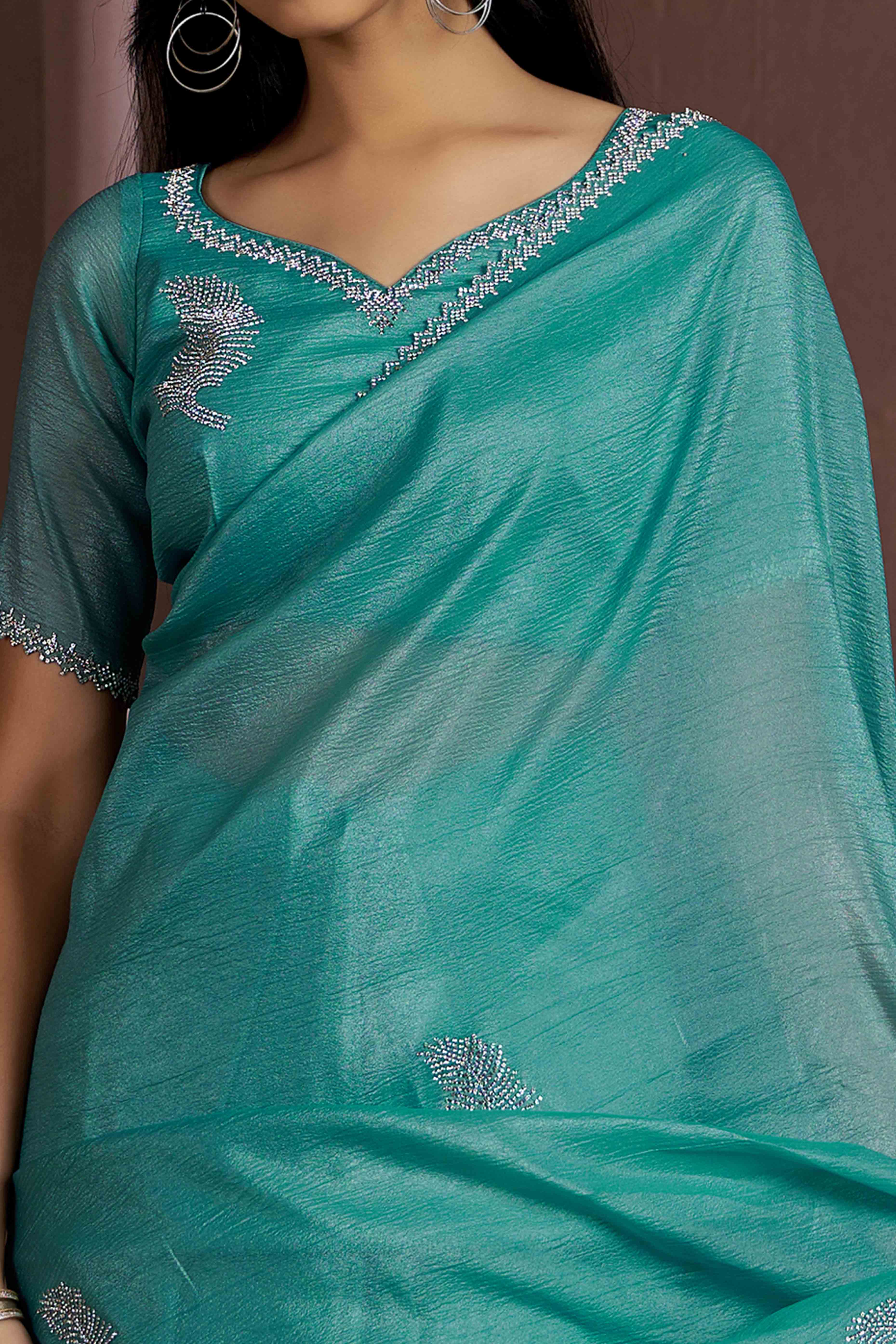 Teal Stone Work Embroidered Pure Silk Saree