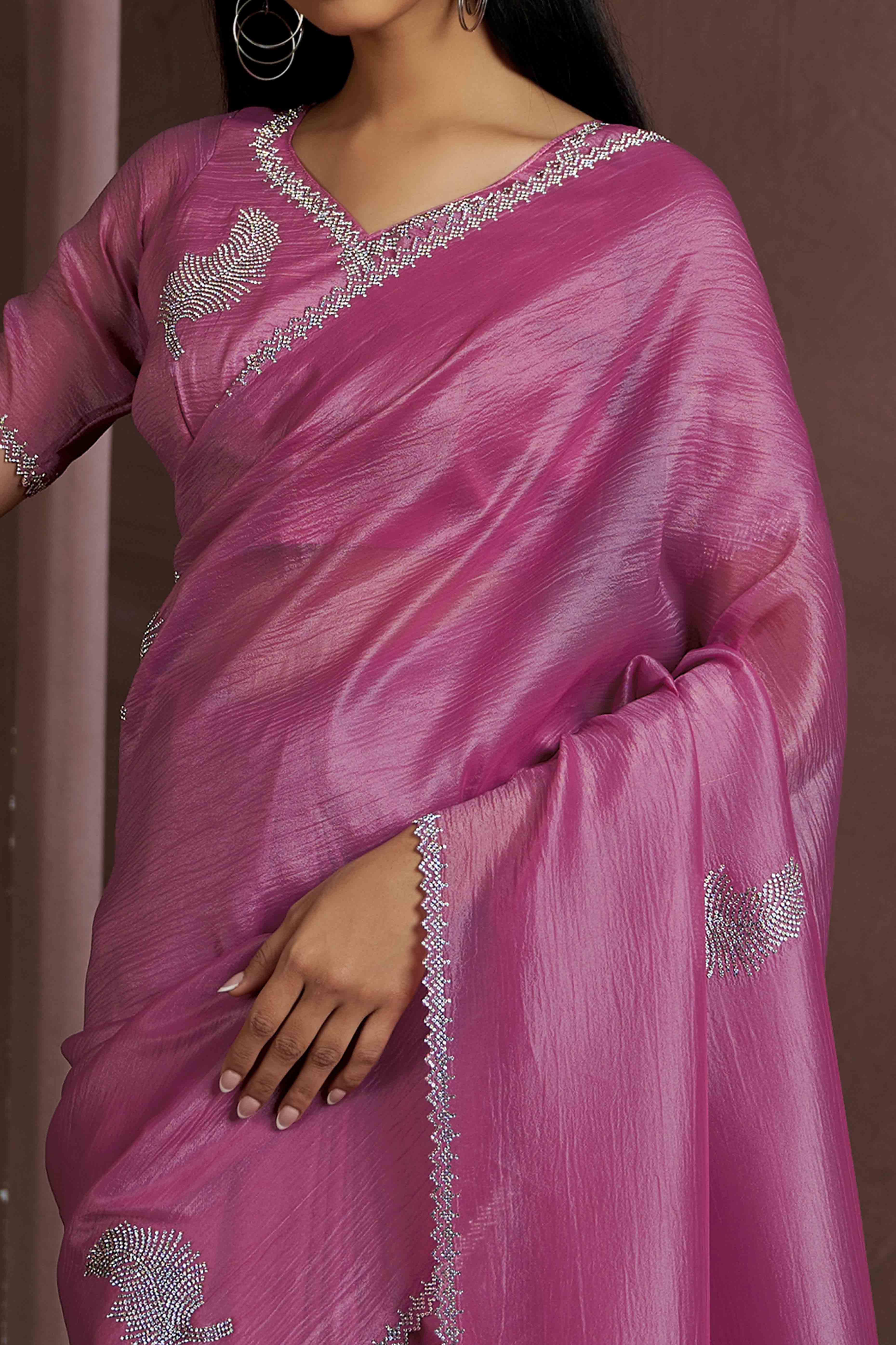 Pink Stone Work Embroidered Pure Silk Saree
