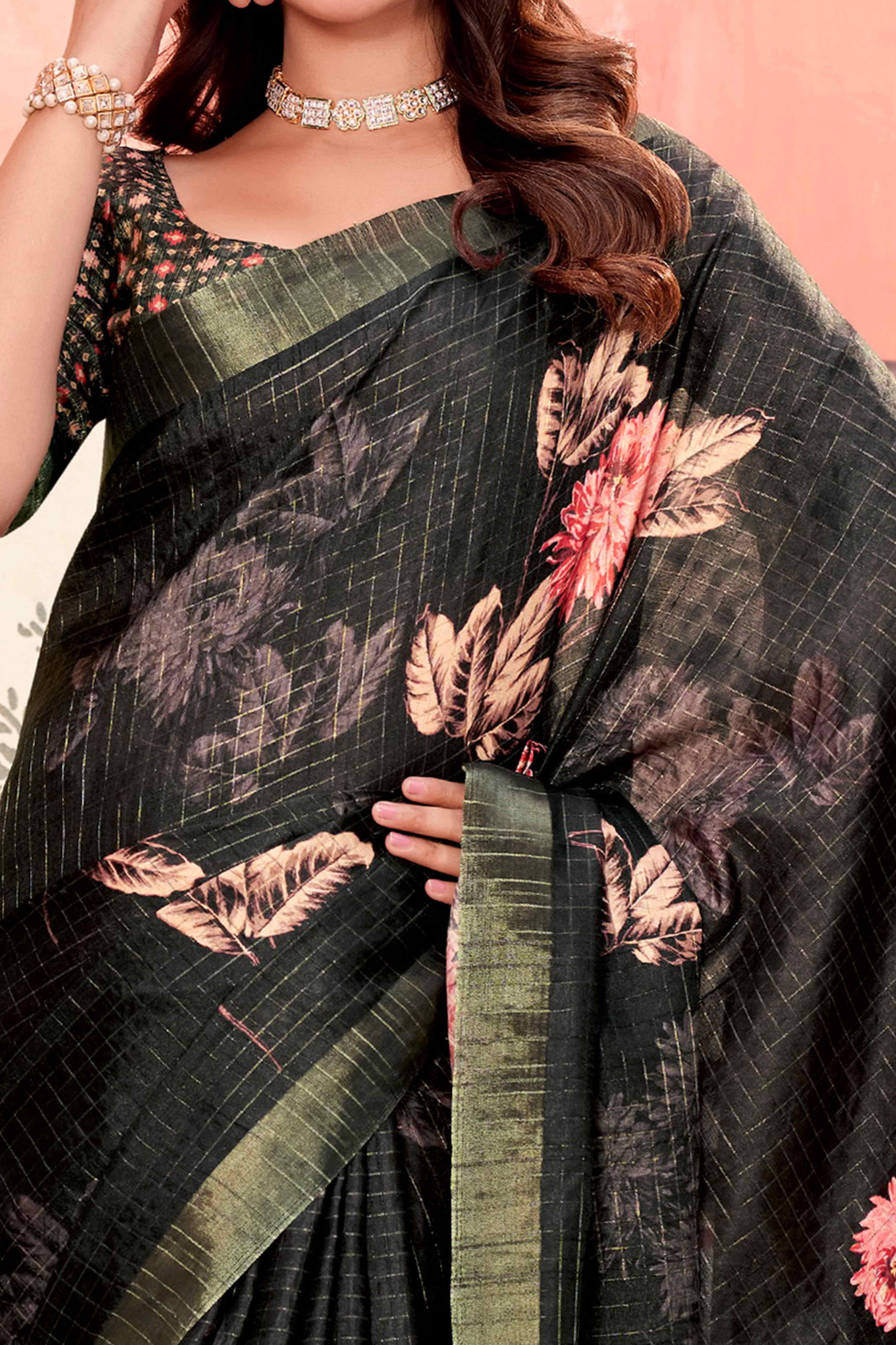 Black Floral Soft Silk Blend Saree with Digital Prints