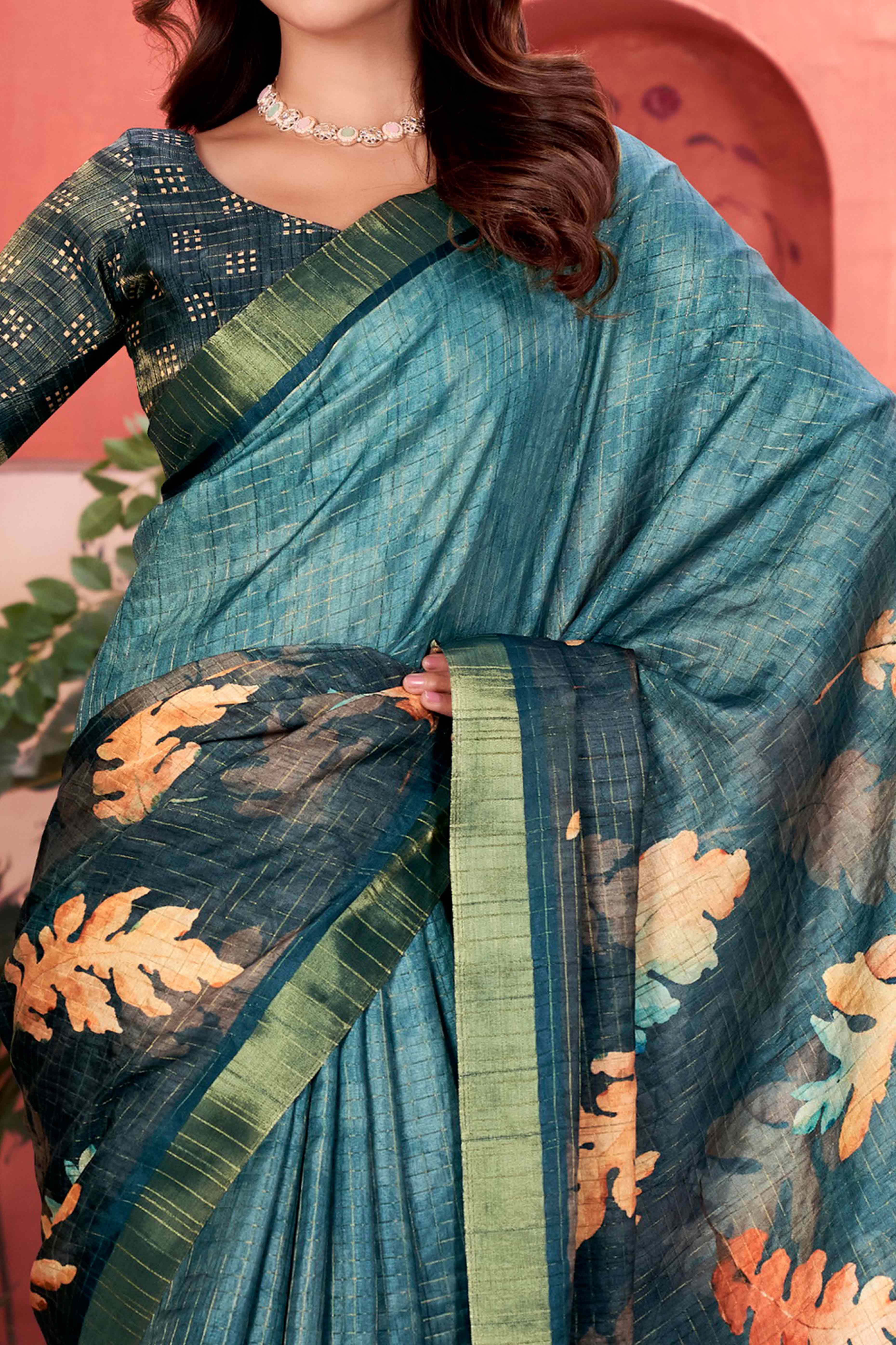 Teal Floral Soft Silk Blend Saree with Digital Prints