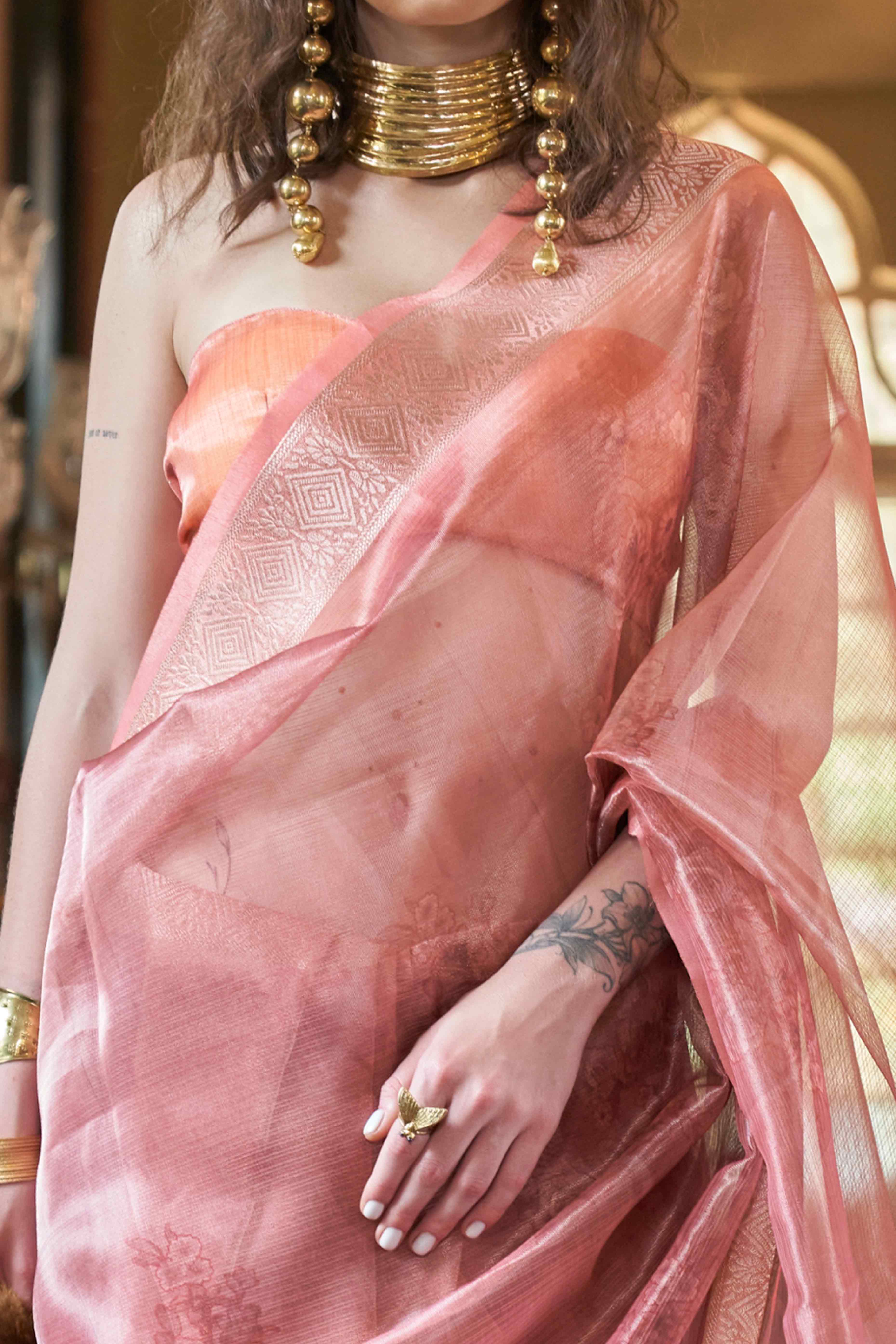 Peach Digital Printed Organza Saree With Woven Border