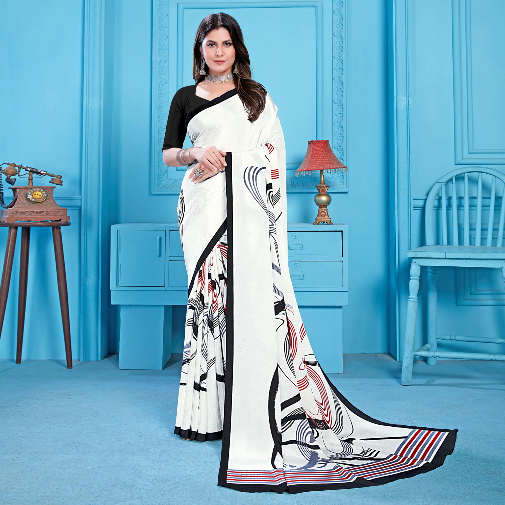 White Printed Crepe Silk Saree
