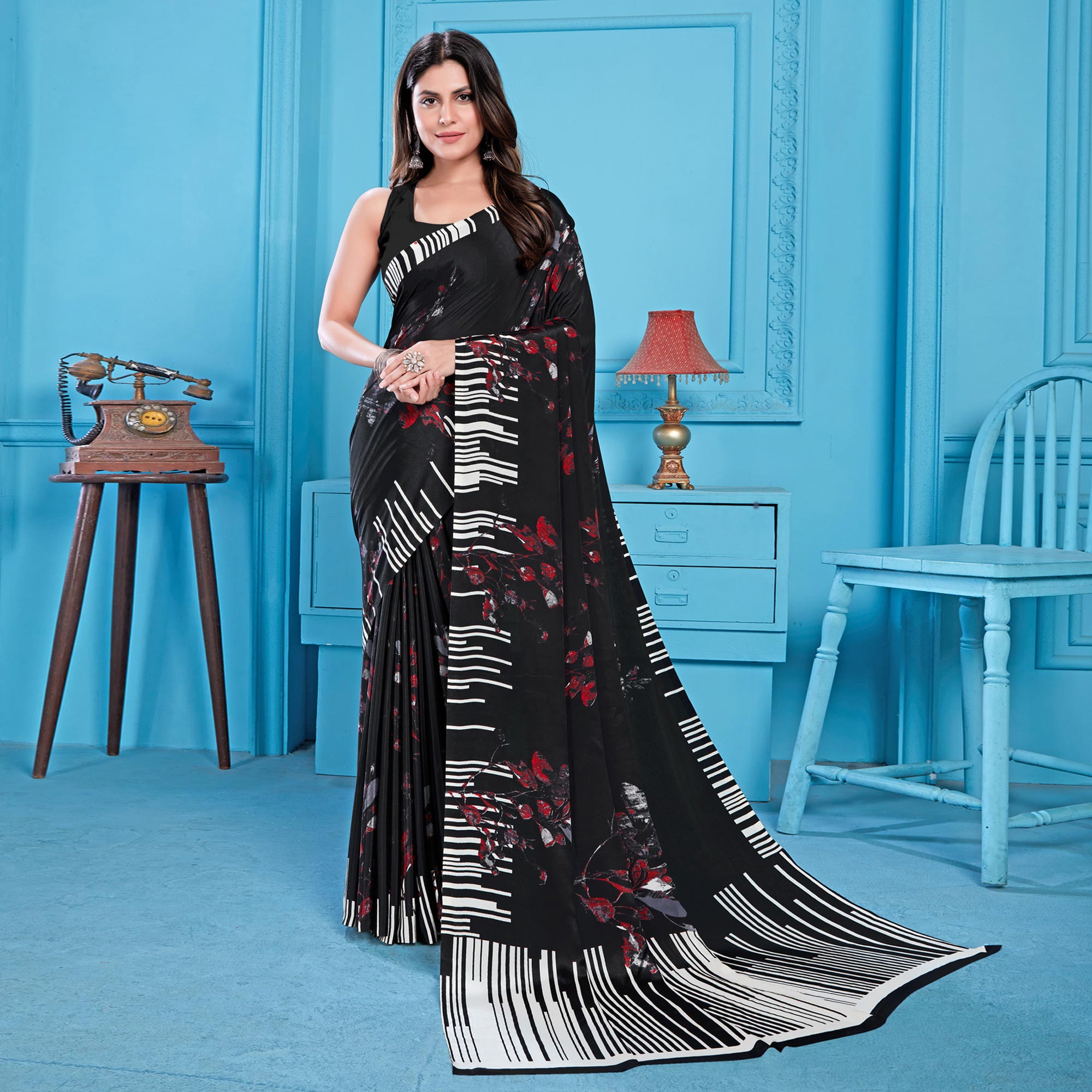 Black Floral Printed Crepe Silk Saree