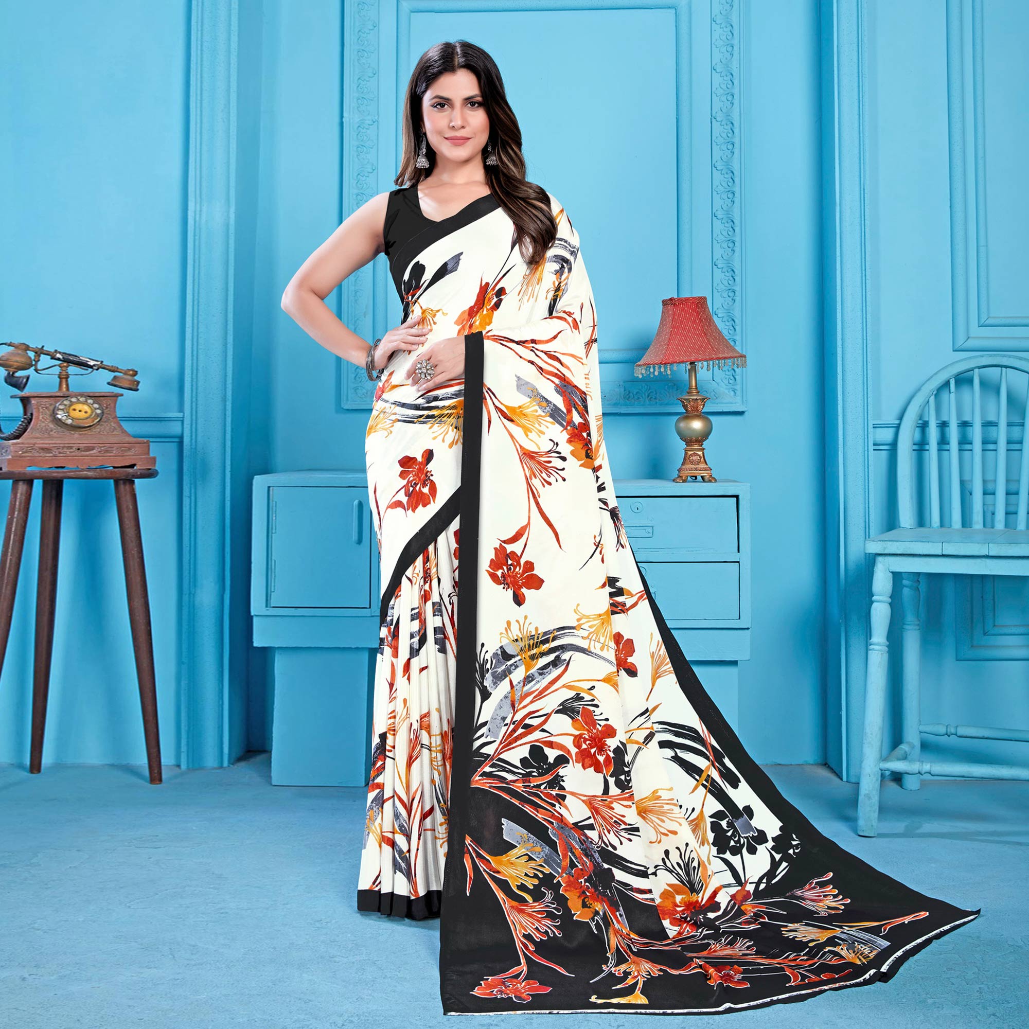 Off White Floral Printed Crepe Silk Saree