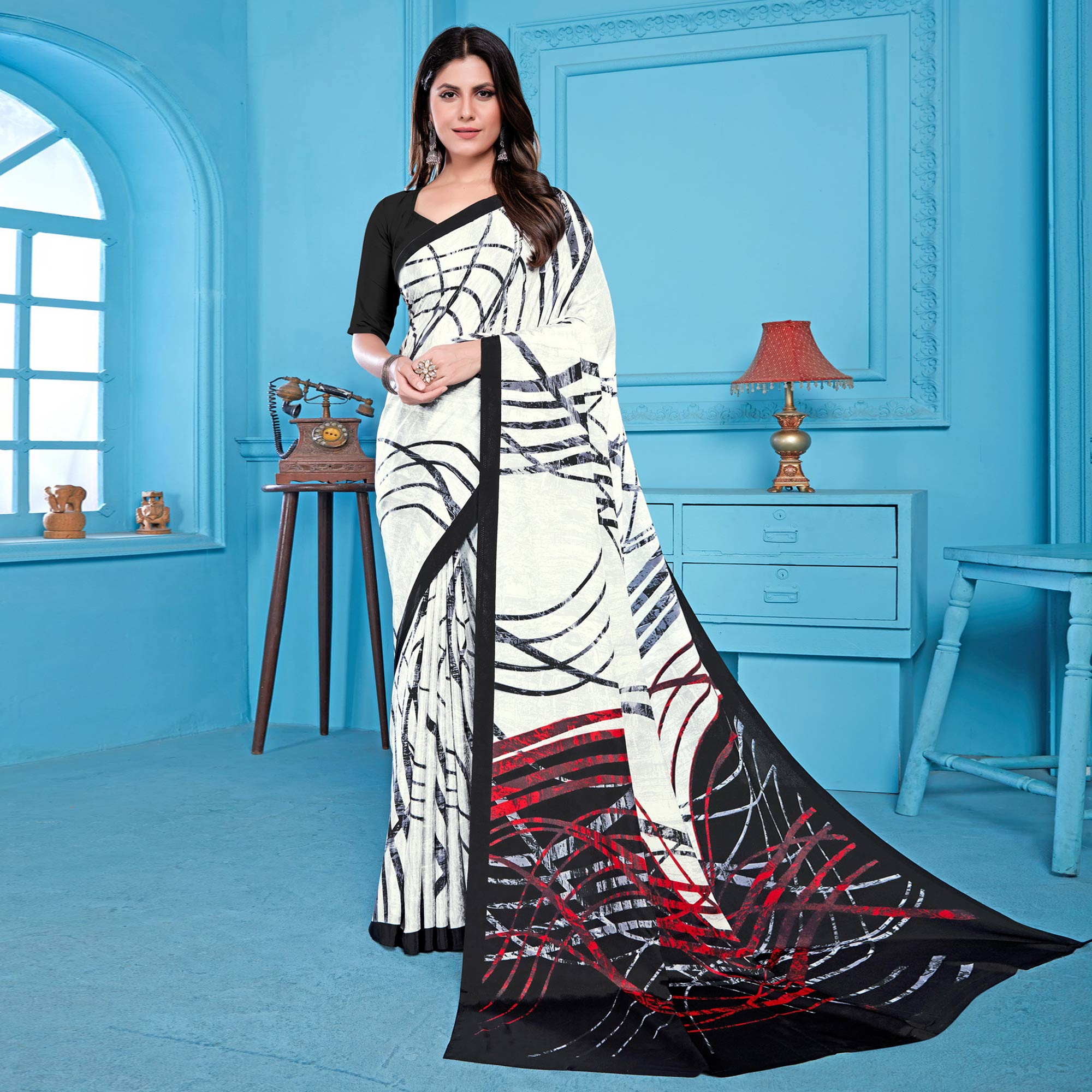 White Abstract Printed Crepe Silk Saree