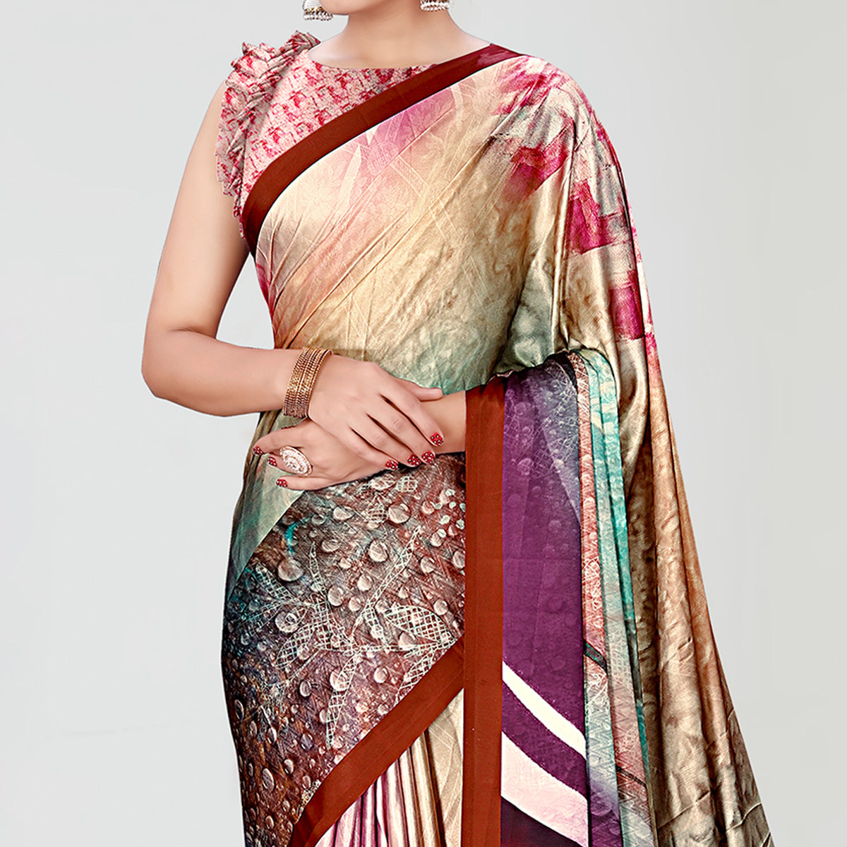 Multicolor Digital Printed Satin Saree