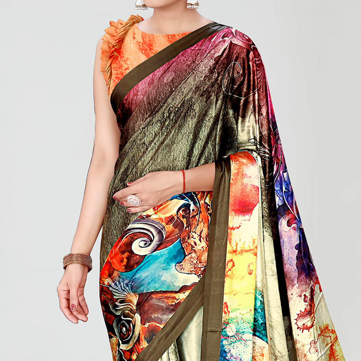 Multicolor Digital Printed Satin Saree