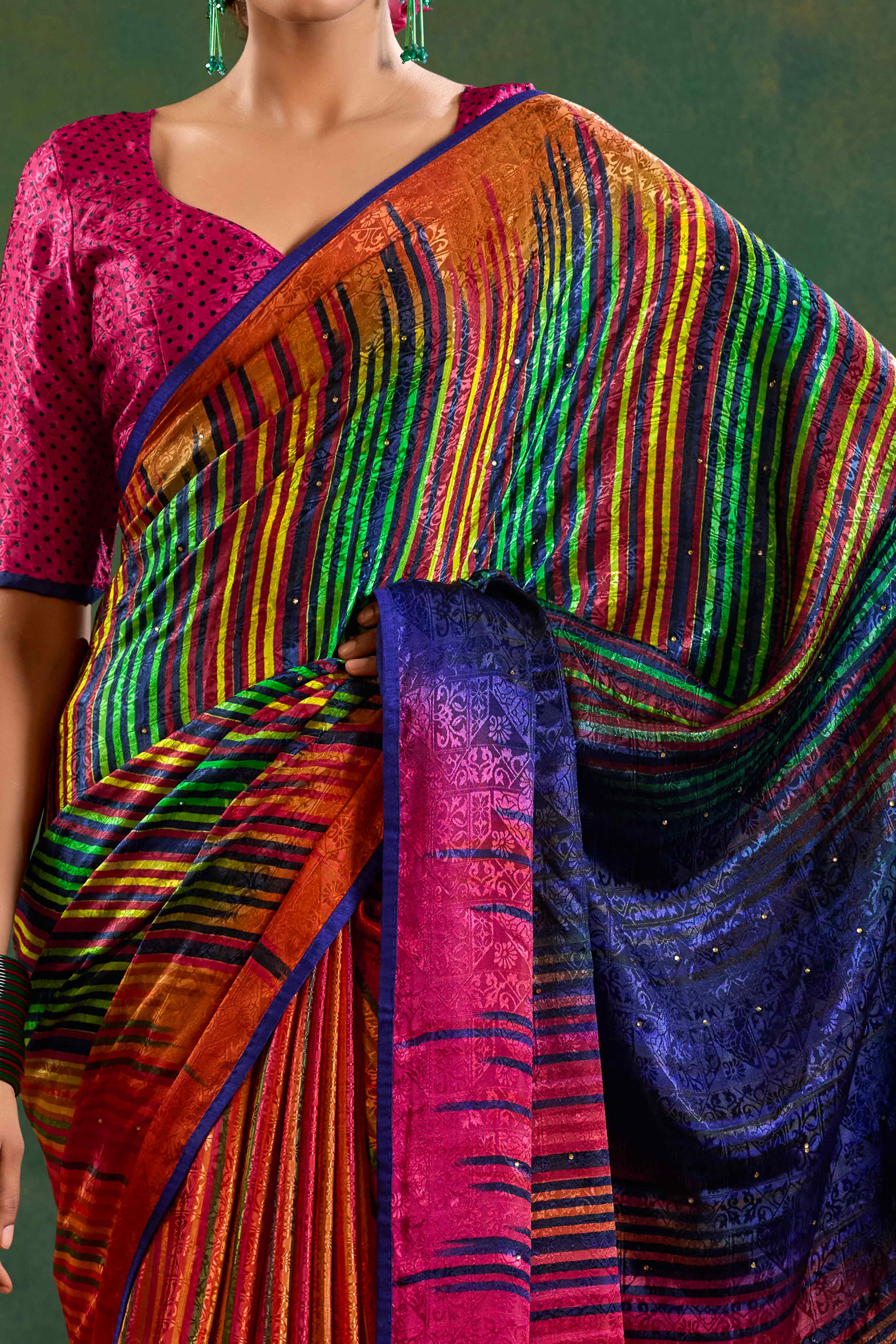 Multicolor Crepe Jacquard Saree with Vibrant Prints & Stone Work
