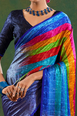 Blue Crepe Jacquard Saree with Vibrant Prints & Stone Work