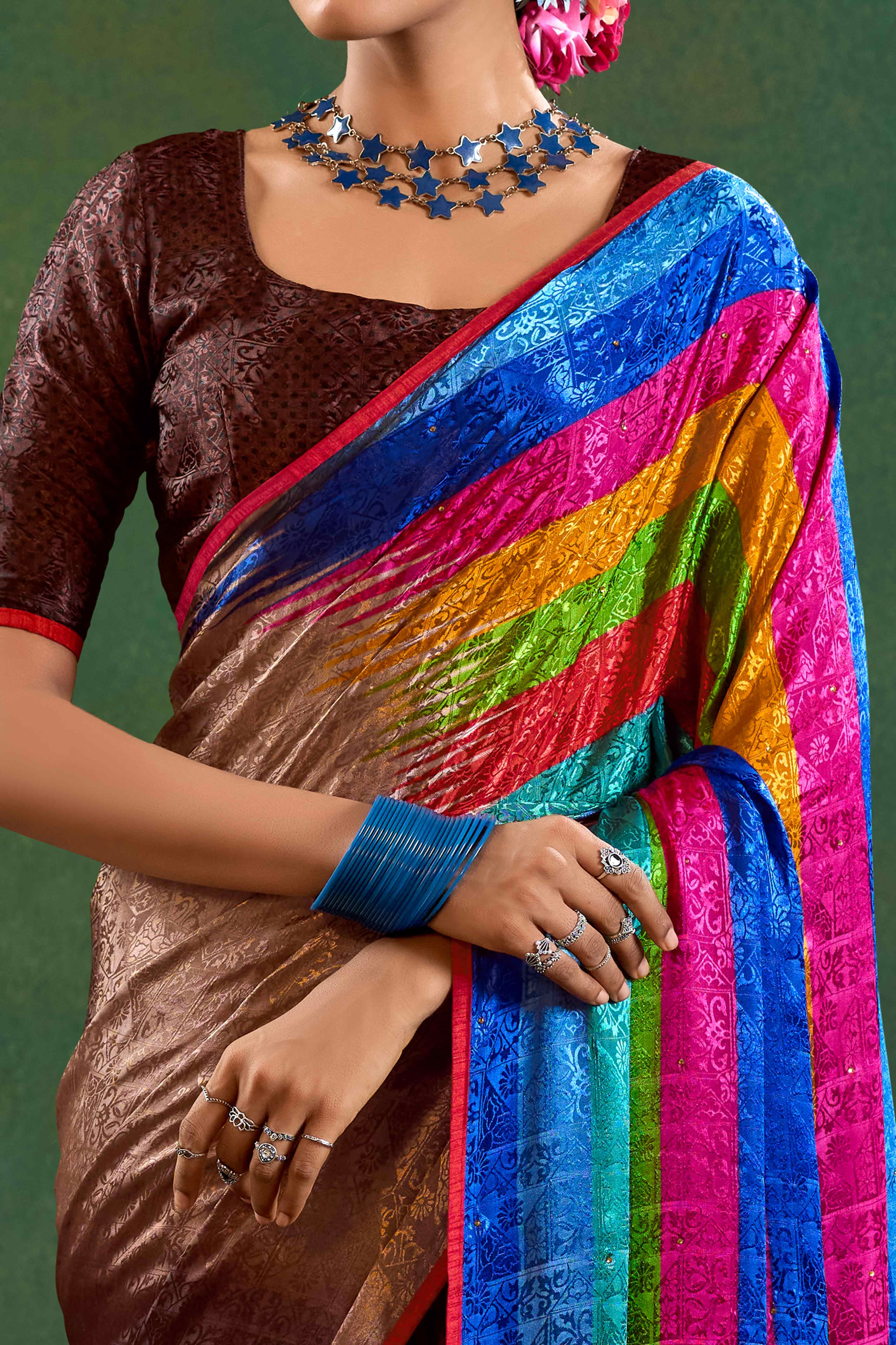 Brown Crepe Jacquard Saree with Vibrant Prints & Stone Work