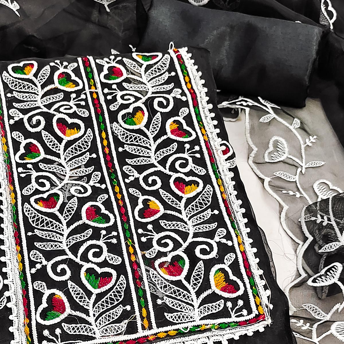 Black Organza Dress Material With Intricate Floral Embroidery Work