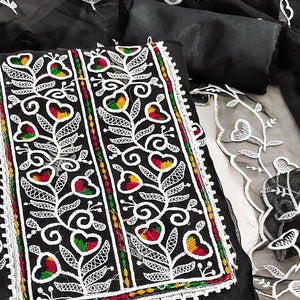 Black Organza Dress Material With Intricate Floral Embroidery Work