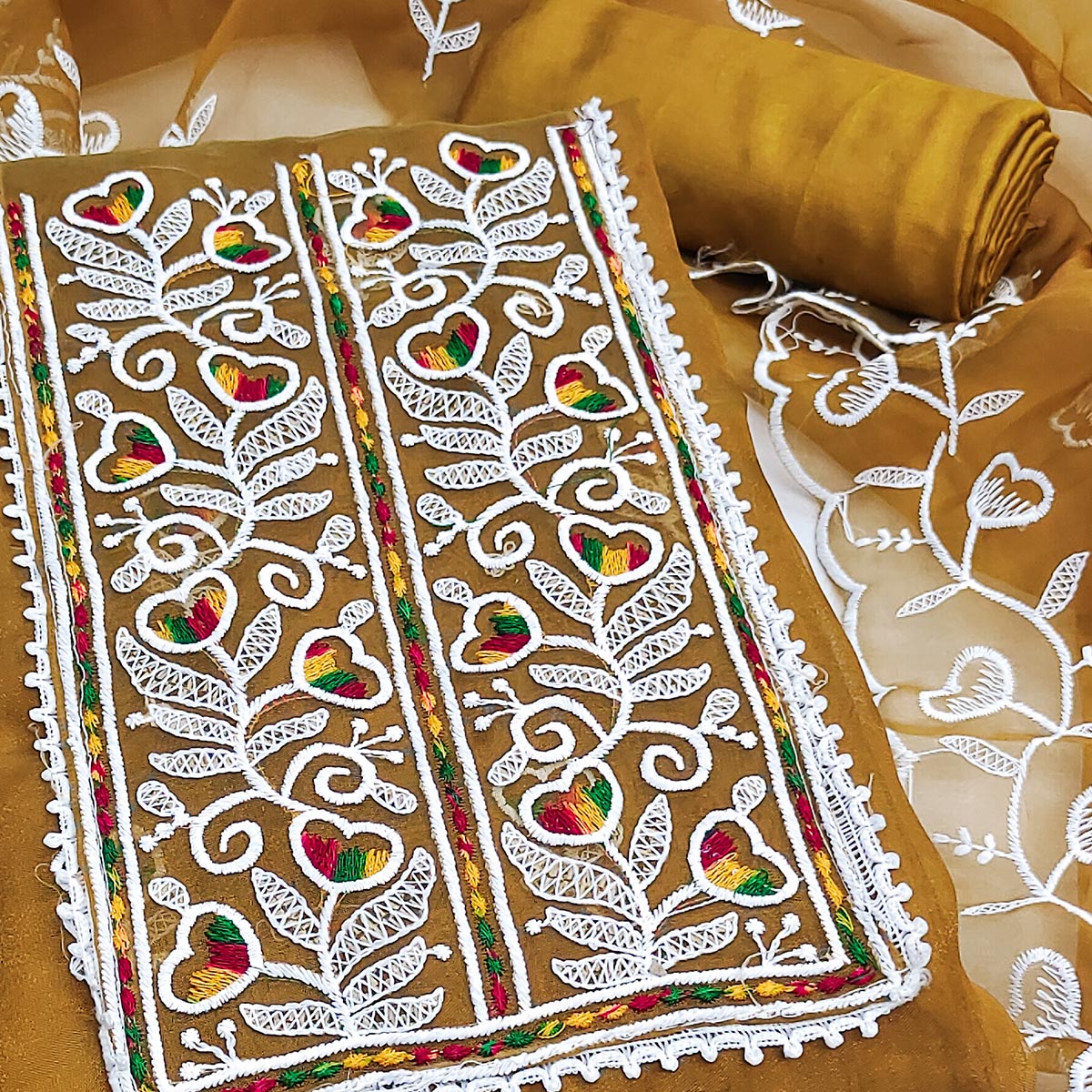 Mustard Organza Dress Material With Intricate Floral Embroidery Work