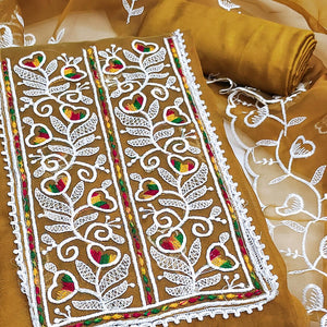 Mustard Organza Dress Material With Intricate Floral Embroidery Work