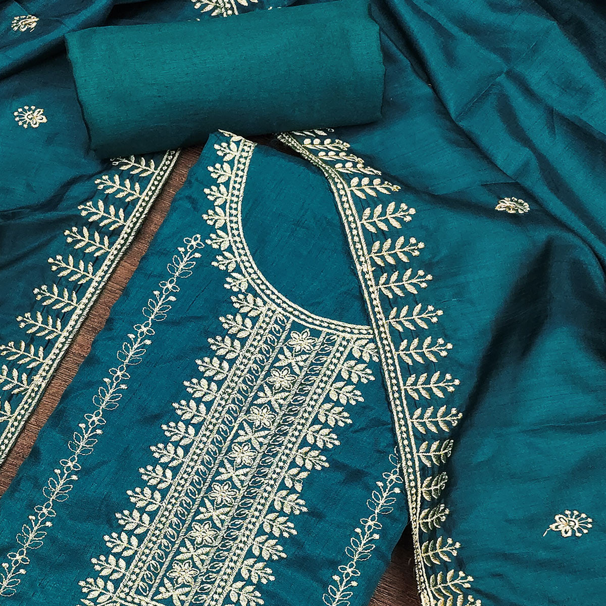 Morpich Blue Cotton Blend Dress Material with Delicate Floral Zari Embroidery