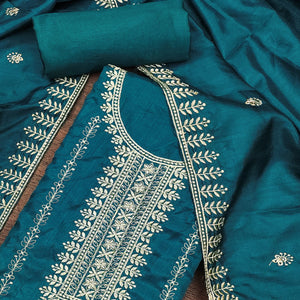 Morpich Blue Cotton Blend Dress Material with Delicate Floral Zari Embroidery