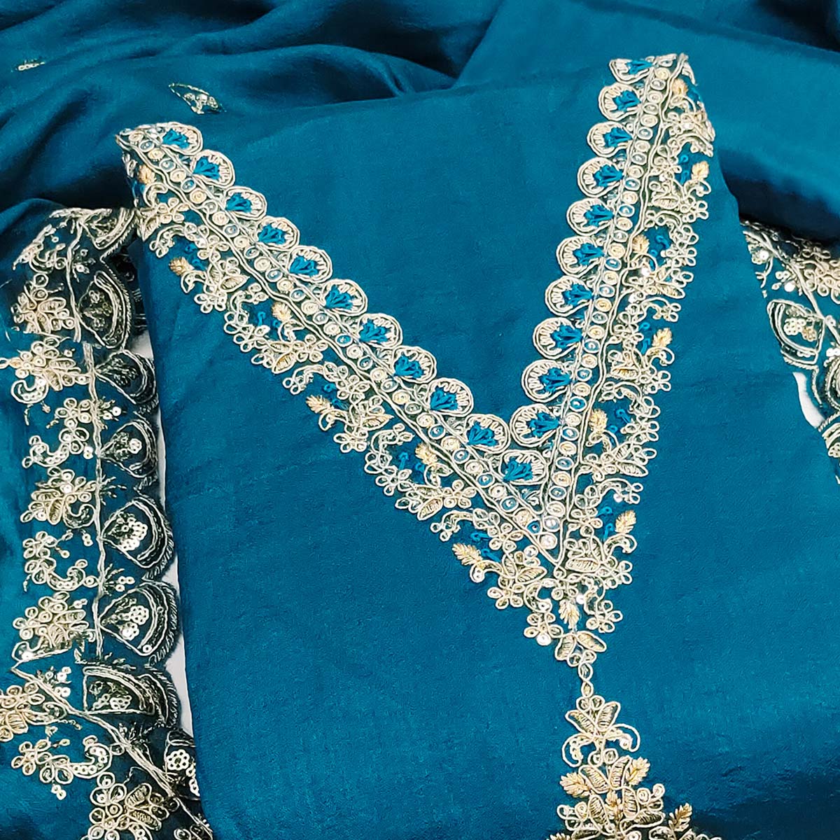 Blue Vichitra Silk Dress Material Adorned With Floral Cording Embroidery & Sparkling Sequins Work